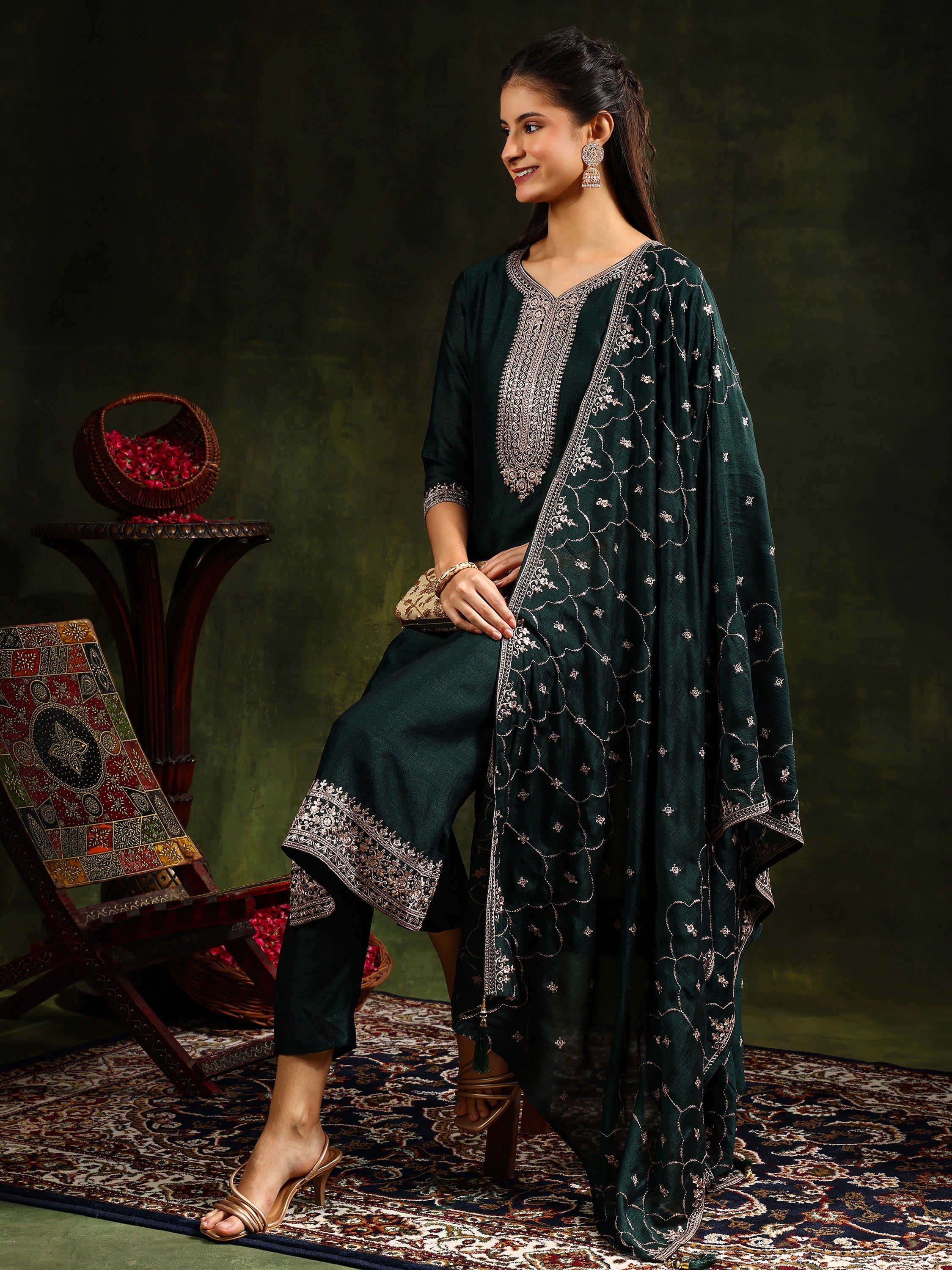 Green Sequined Embroidered Silk Kurta Set with Dupatta
