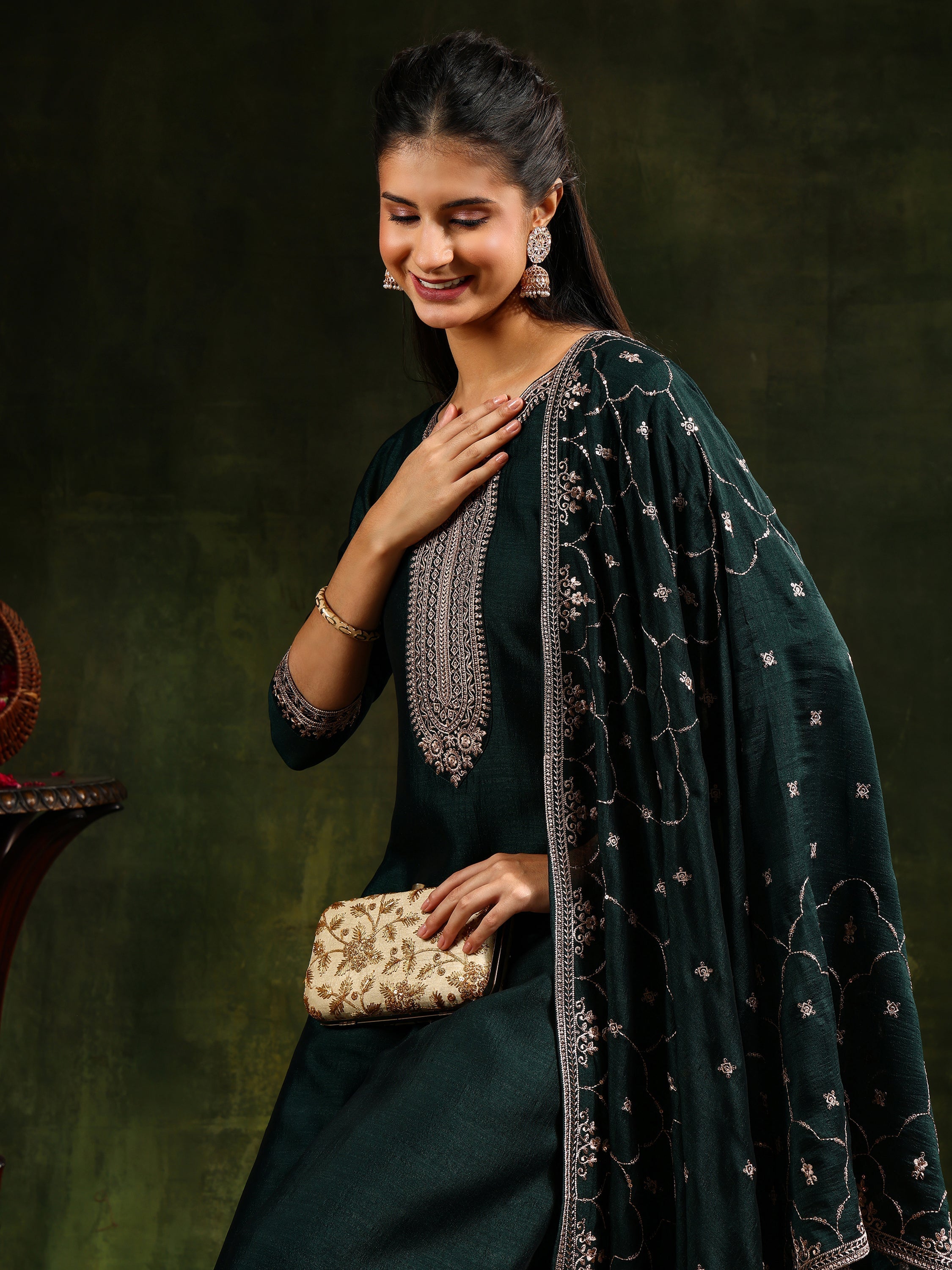 Green Sequined Embroidered Silk Kurta Set with Dupatta