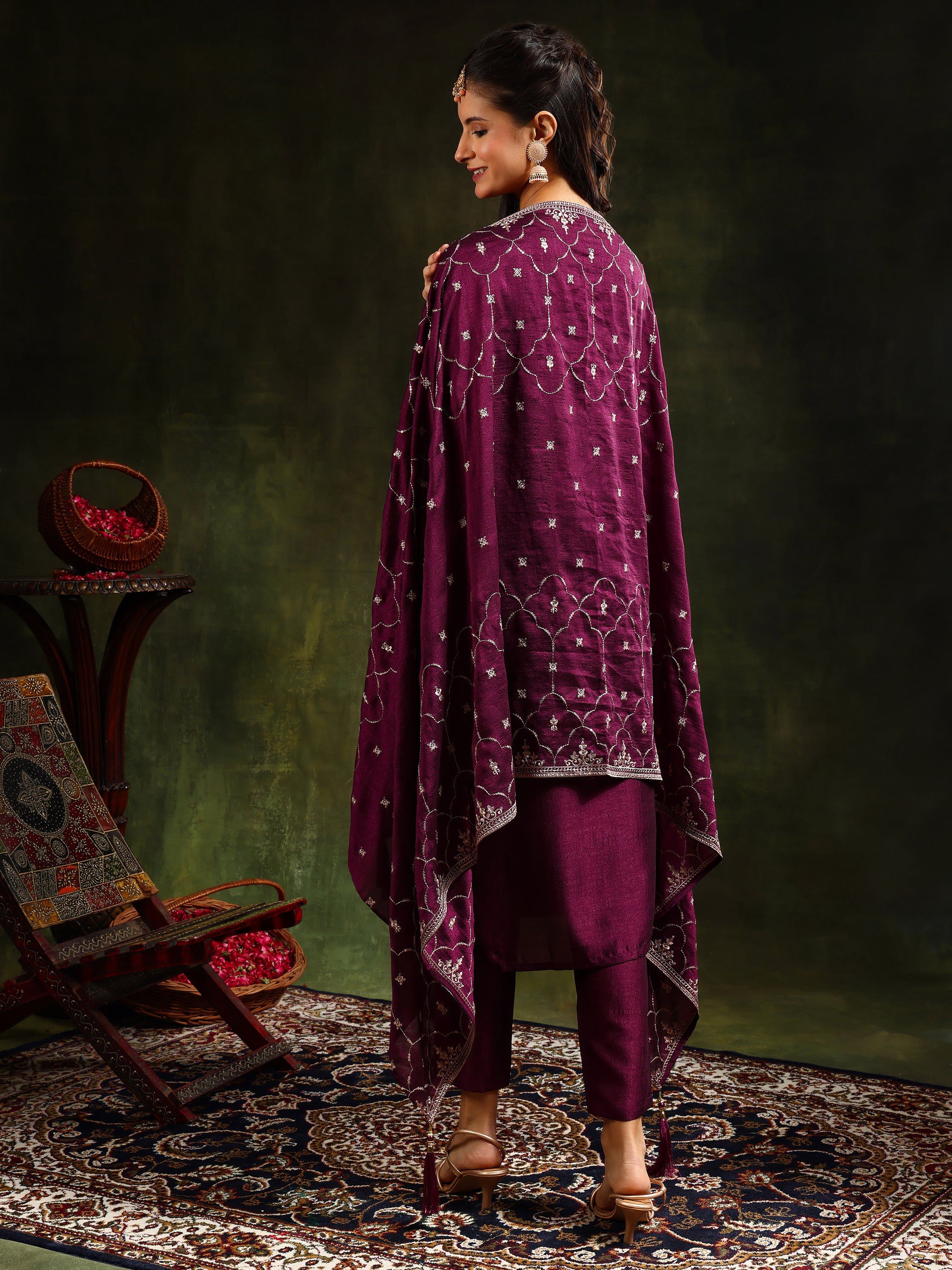 Purple Sequined Embroidered Kurta Set with Dupatta