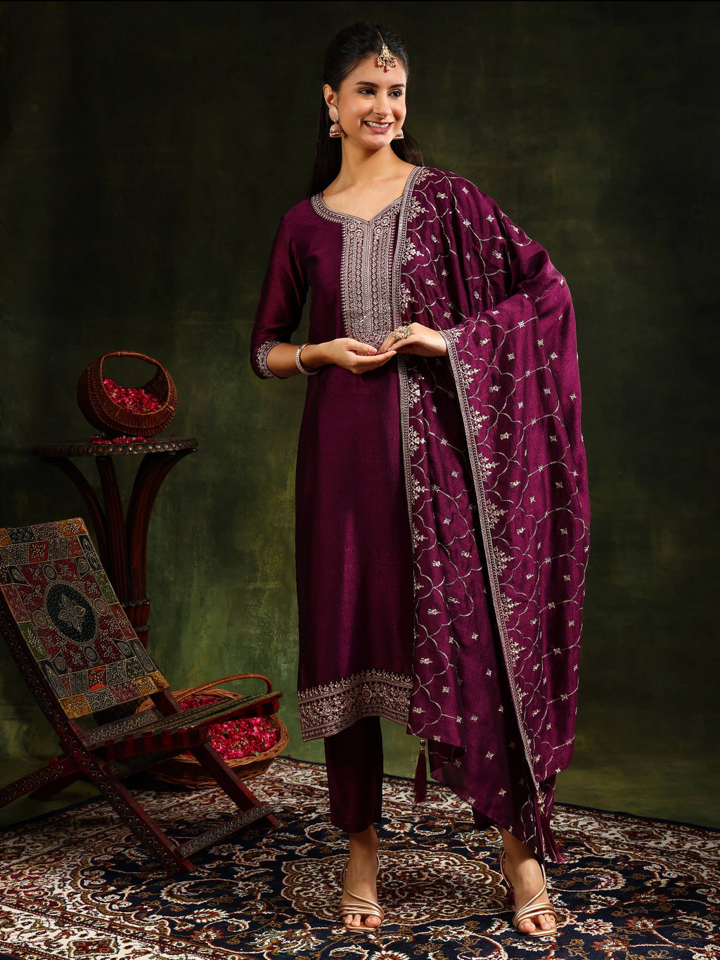 Purple silk kurta set with sequins and embroidered dupatta