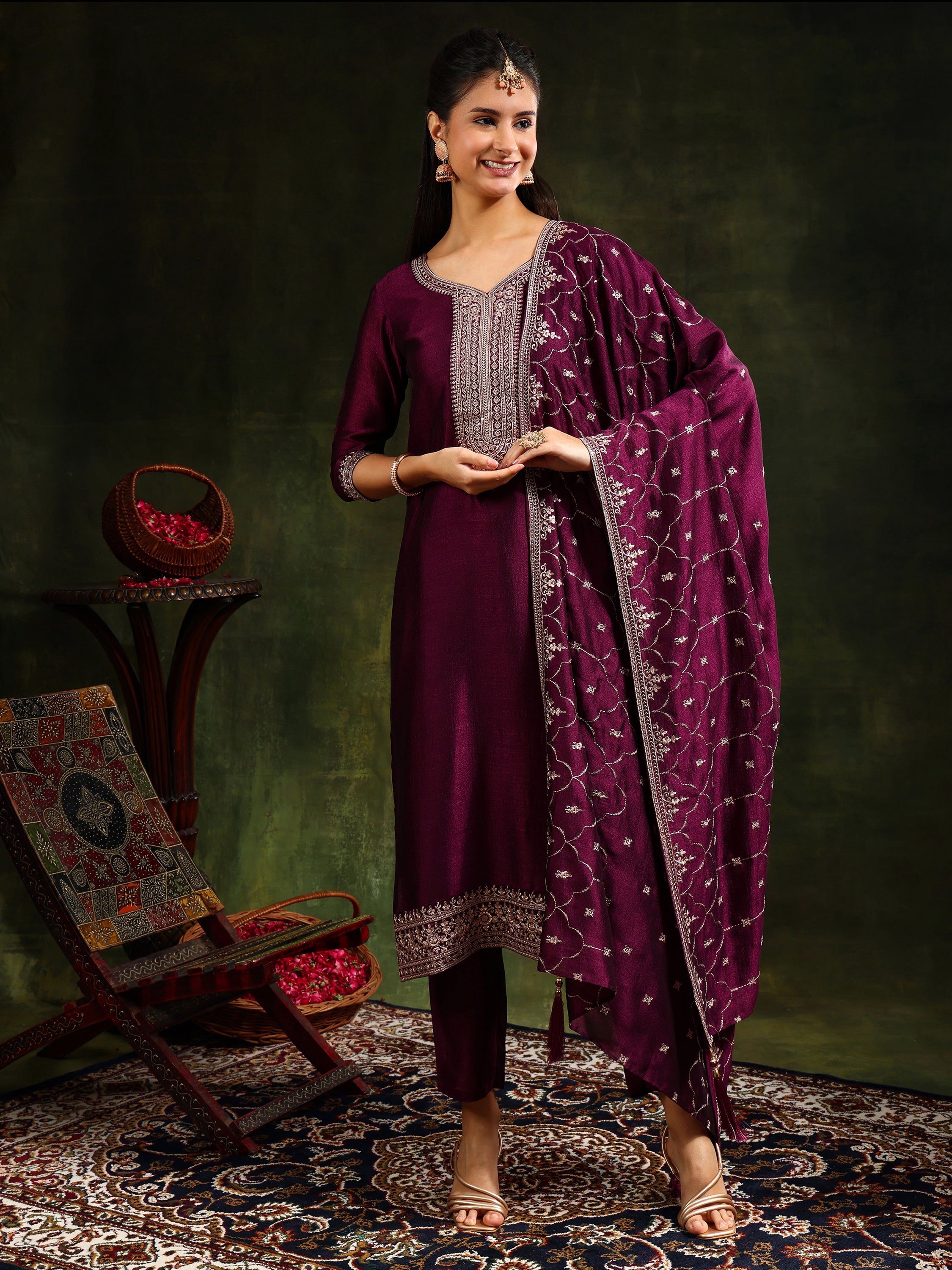 Purple silk kurta set with sequins and embroidered dupatta