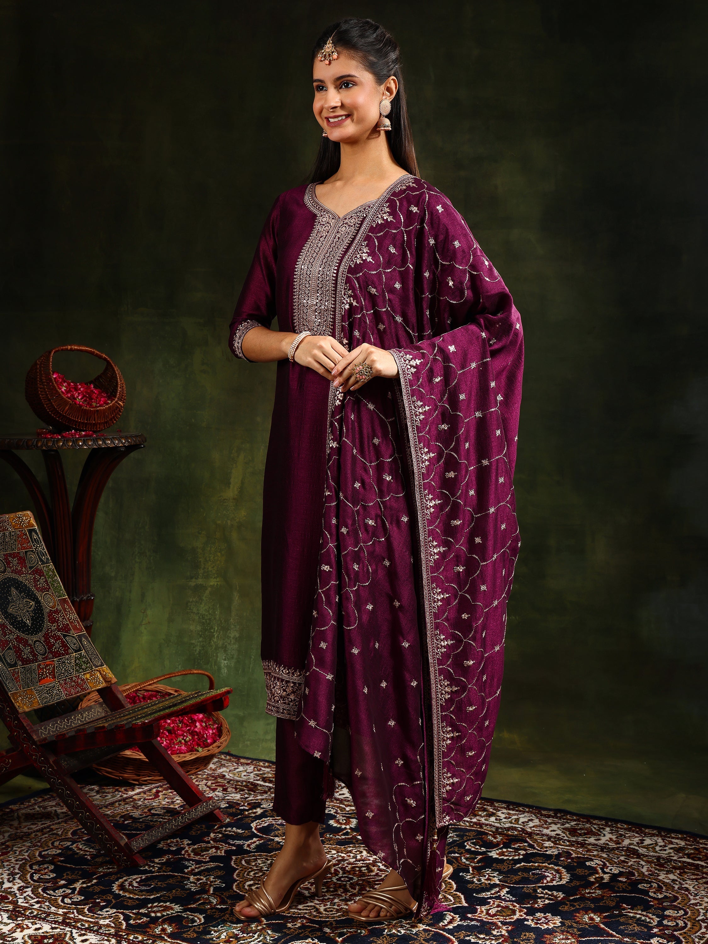 Purple Sequined Embroidered Kurta Set with Dupatta