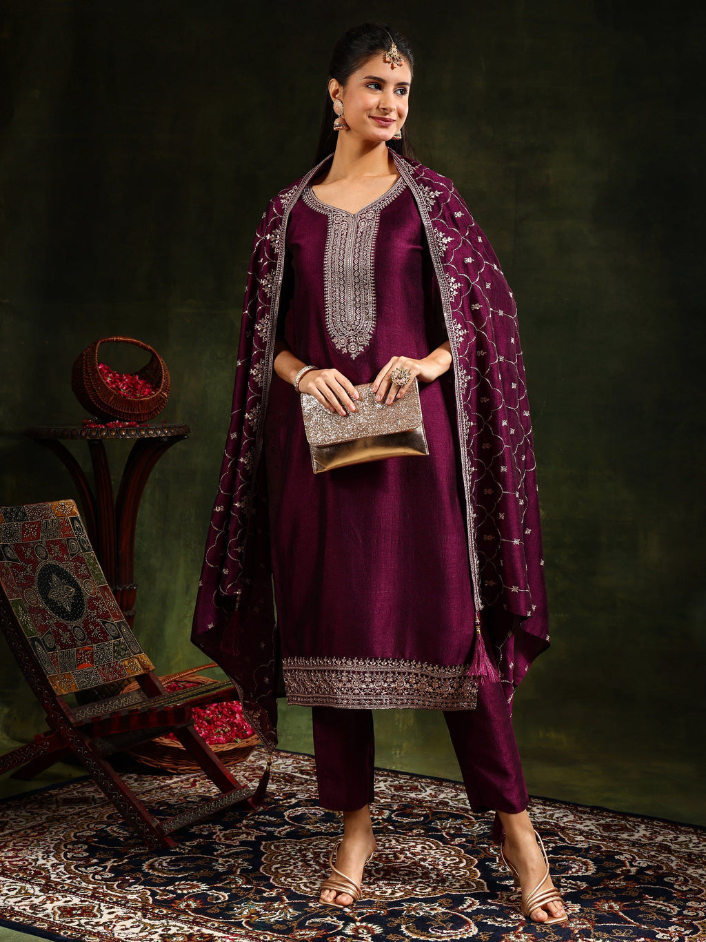 Purple Sequined Embroidered Kurta Set with Dupatta