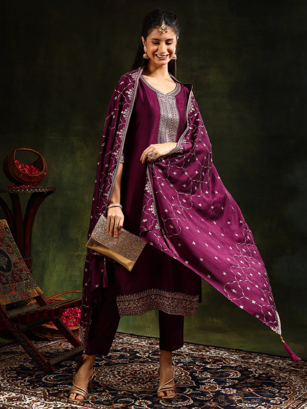 Purple Sequined Embroidered Kurta Set with Dupatta
