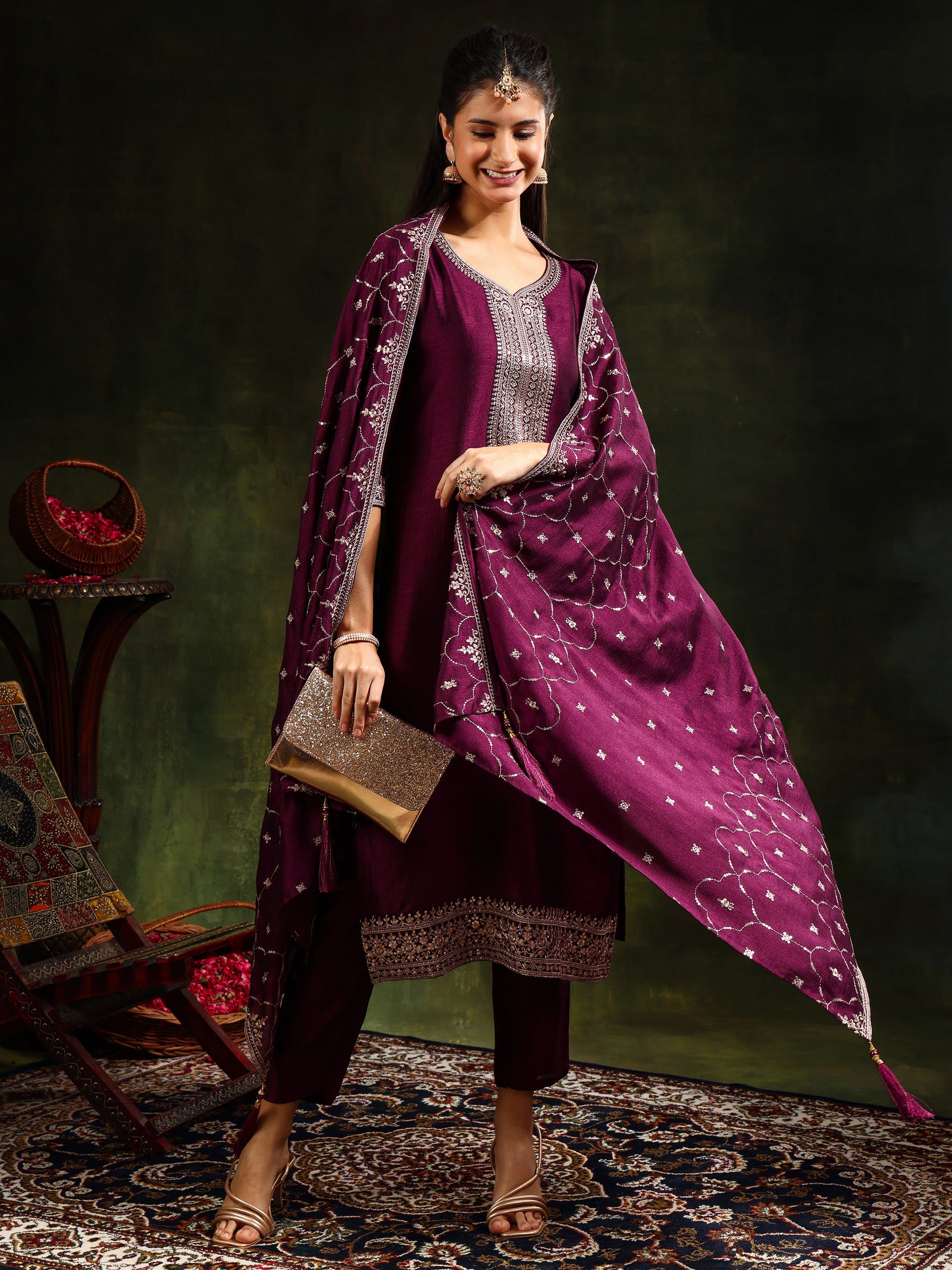 Purple Sequined Embroidered Kurta Set with Dupatta