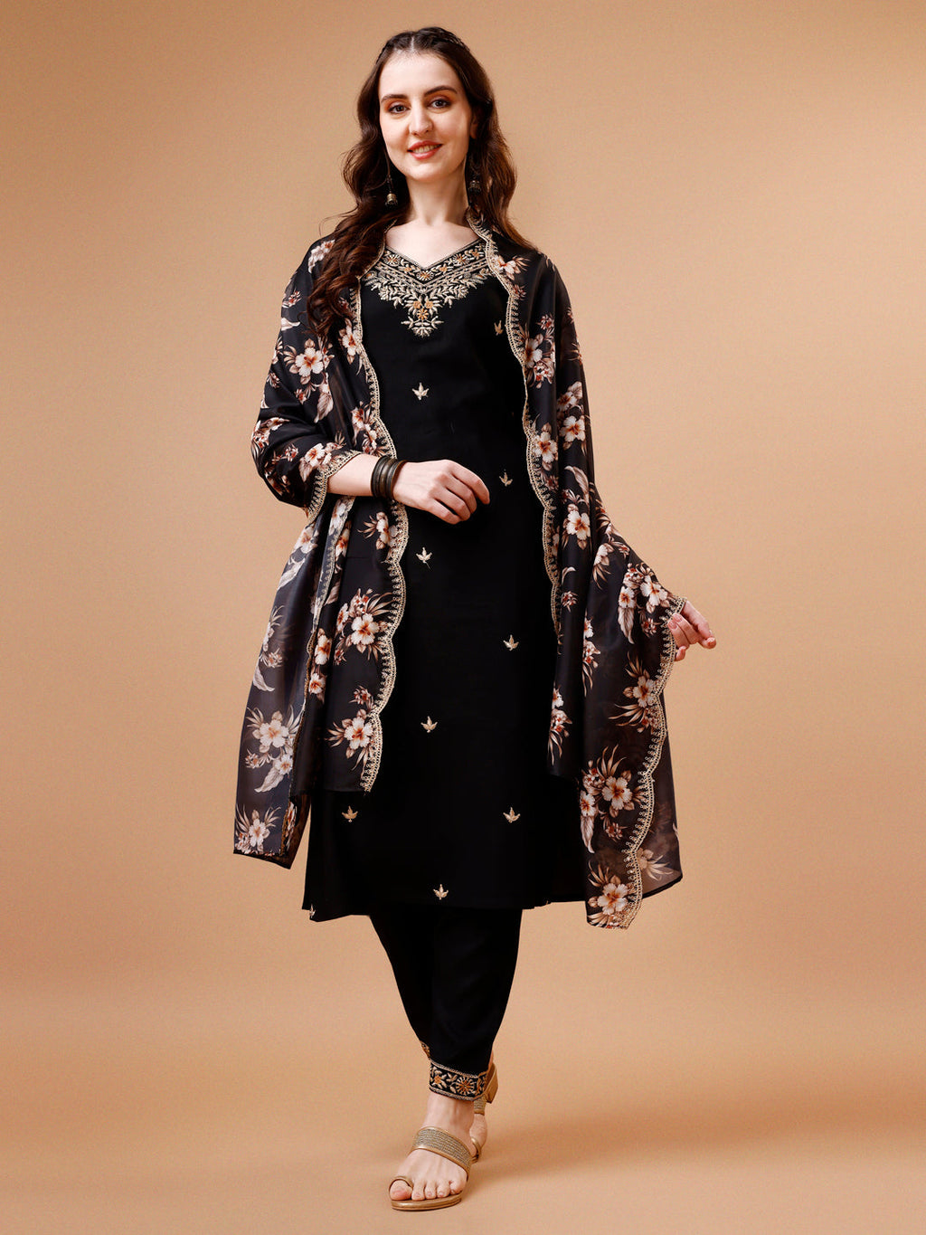 Premium multicolor embroidered kurta set with matching pants and a floral cut-work dupatta.