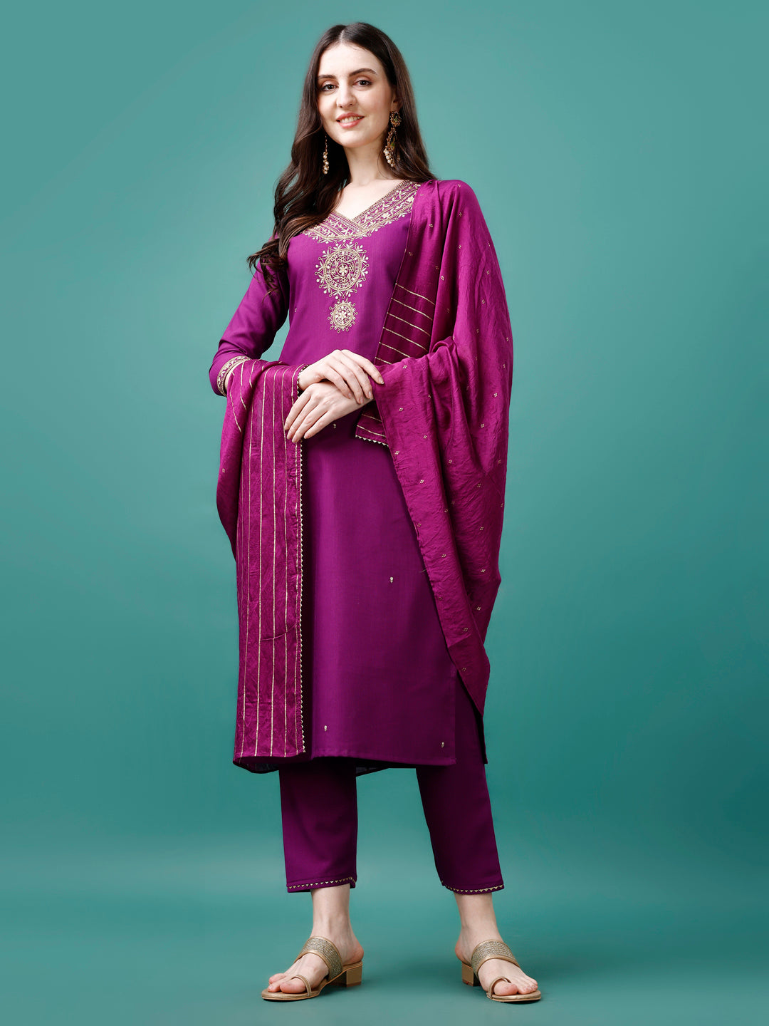 Multicolor embroidered kurta with matching pant and elegant Chanderi dupatta