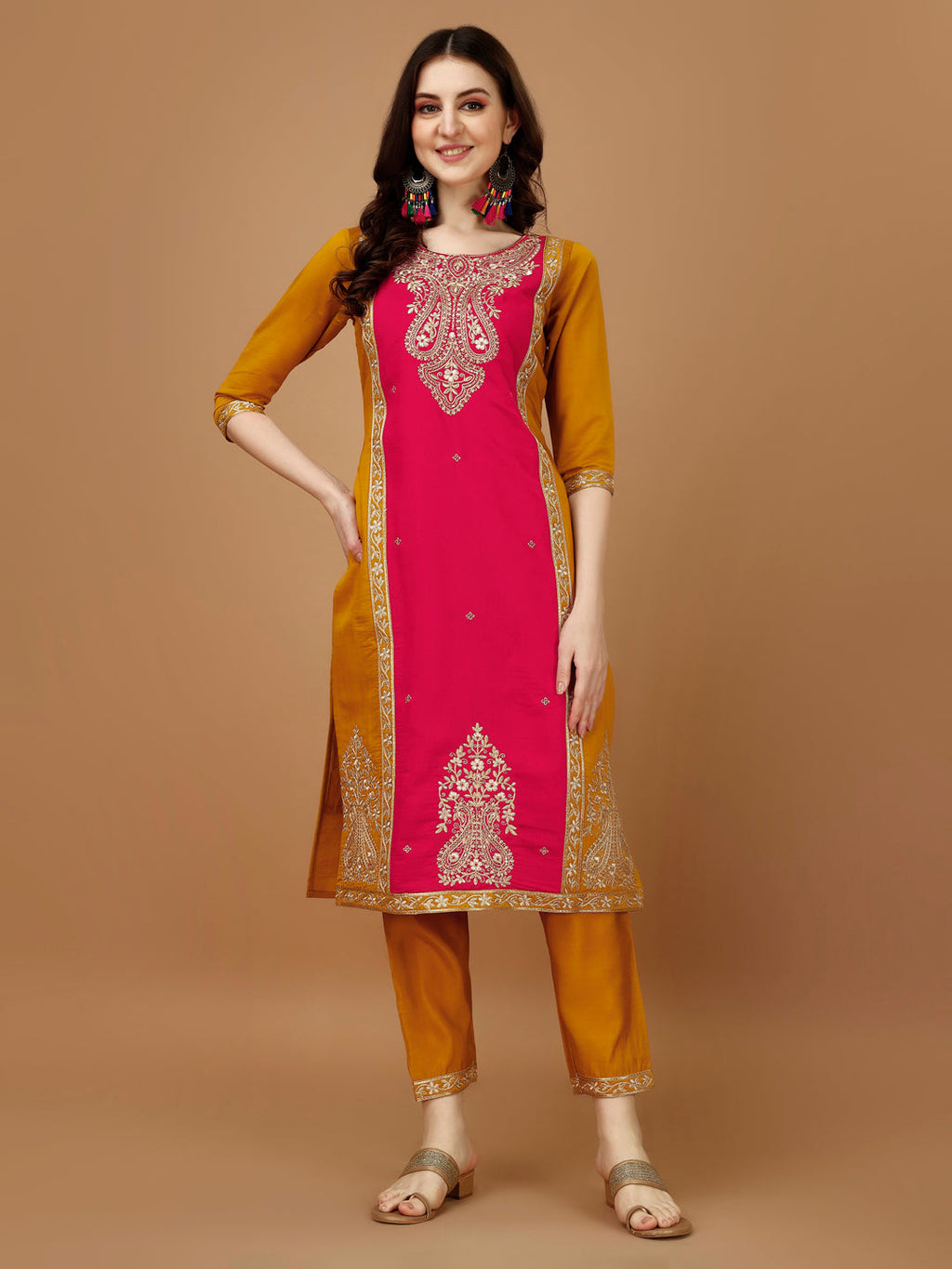 Multicolor Embroidered Kurta Set with Banarasi Jacquard Dupatta