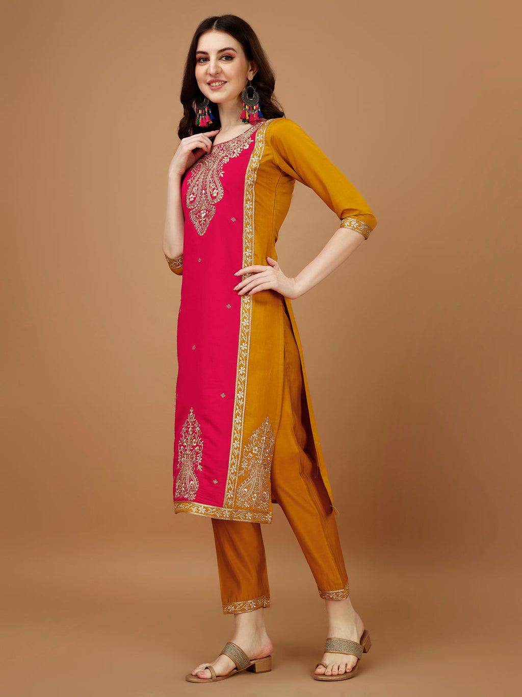Multicolor Embroidered Kurta Set with Banarasi Jacquard Dupatta