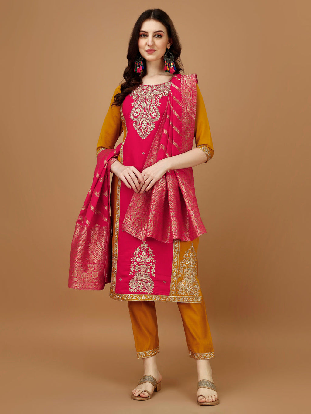 Multicolor embroidered kurta set paired with a luxurious Banarasi Jacquard dupatta