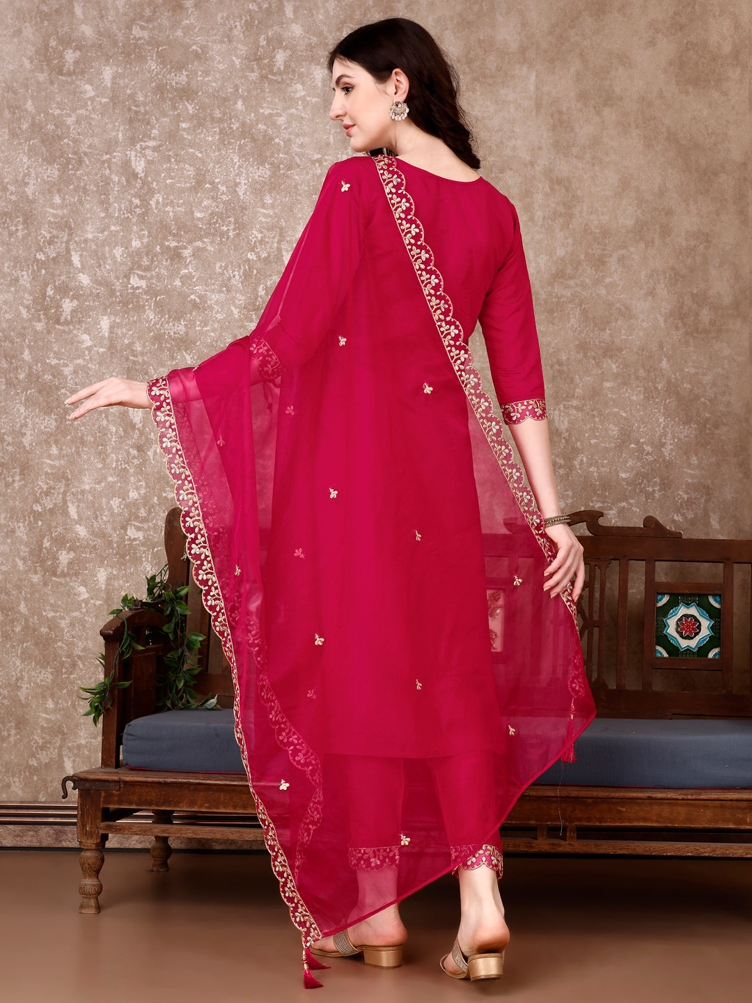 Pink Embroidered Chanderi Kurta Set with Pant and Dupatta