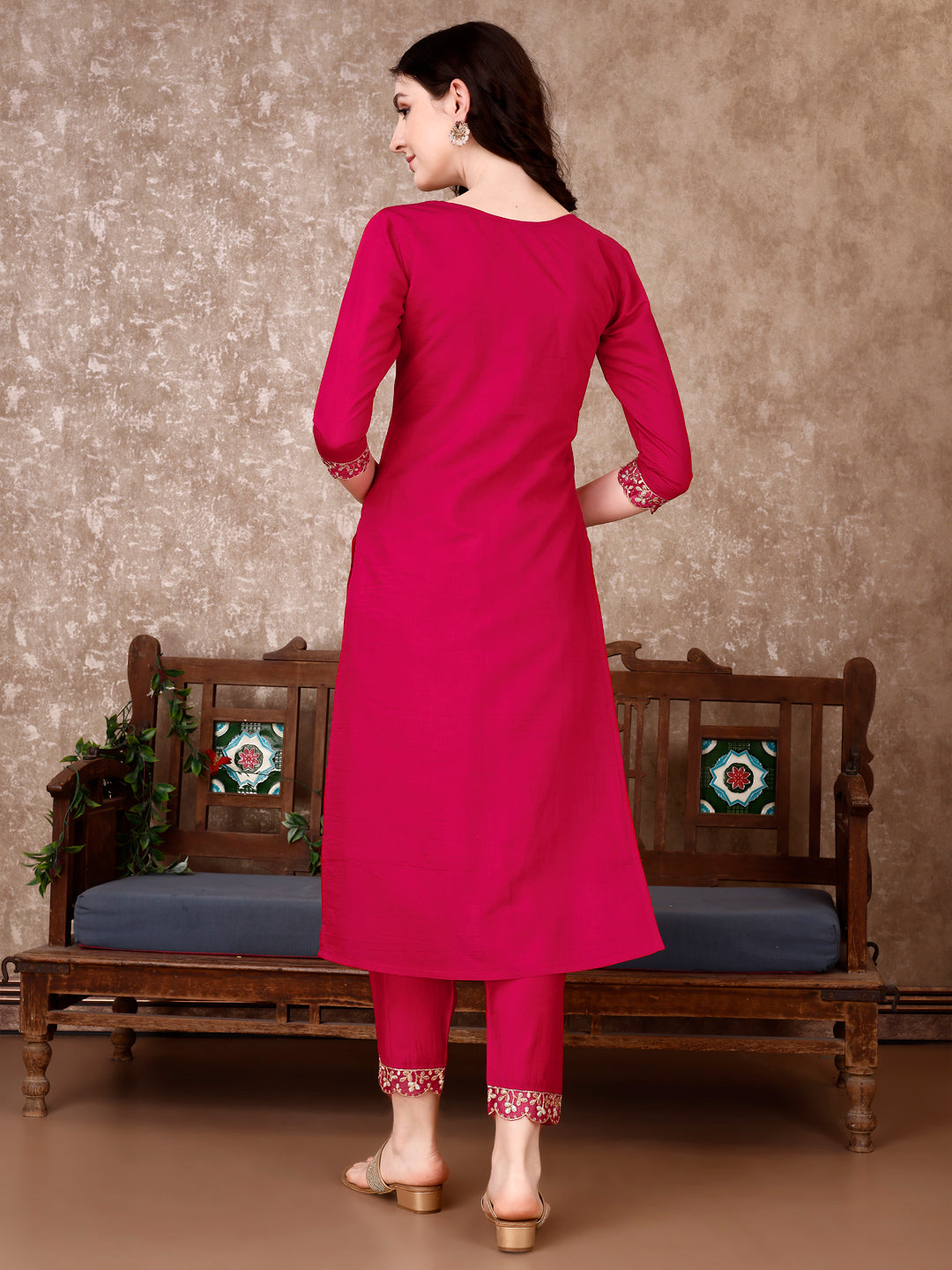 Pink Embroidered Chanderi Kurta Set with Pant and Dupatta