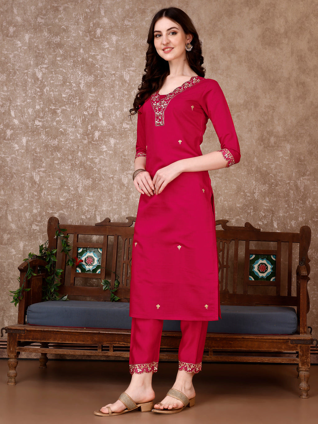 Pink Embroidered Chanderi Kurta Set with Pant and Dupatta