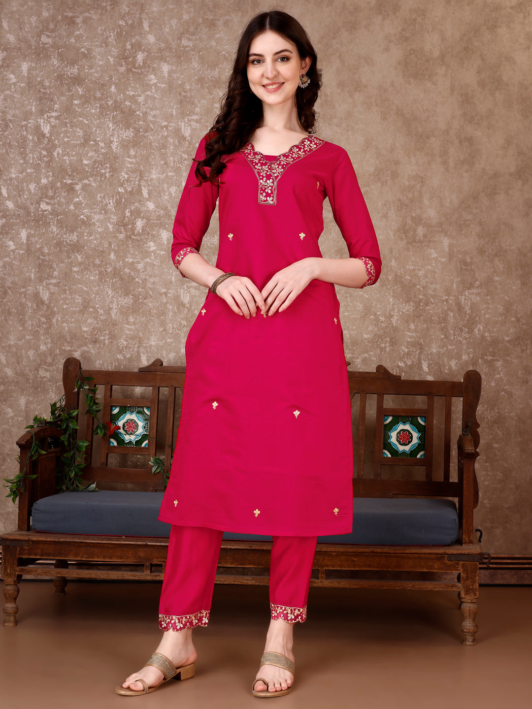 Pink Embroidered Chanderi Kurta Set with Pant and Dupatta