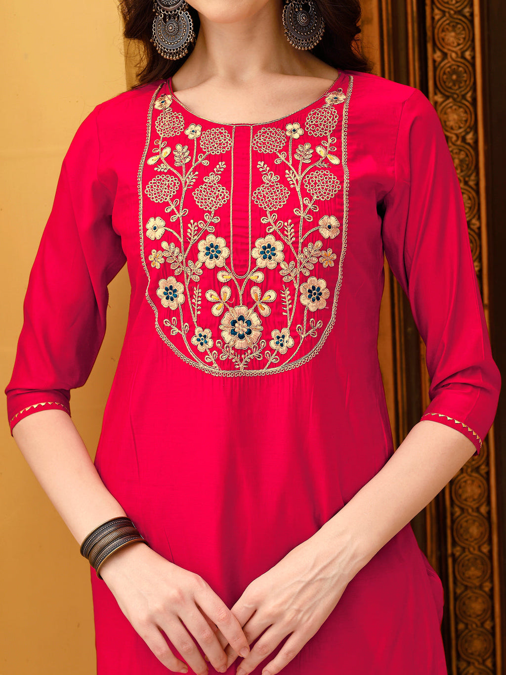 Multicolor Embroidered Rayon Kurta Set with Chanderi Dupatta