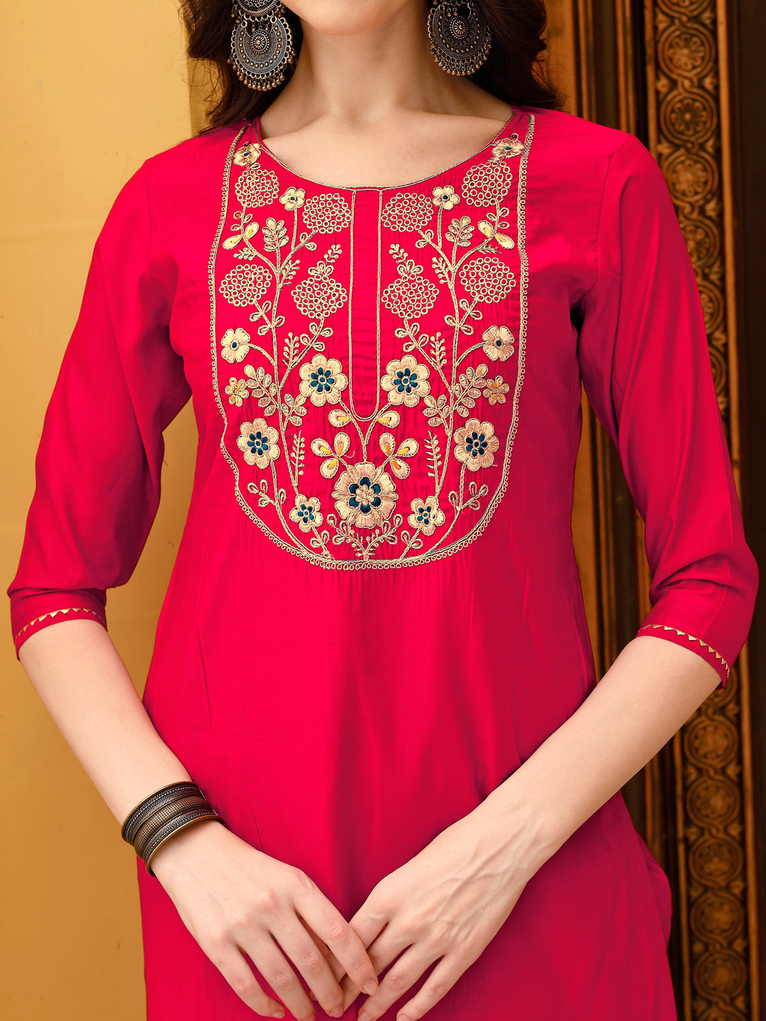 Multicolor Embroidered Rayon Kurta Set with Chanderi Dupatta
