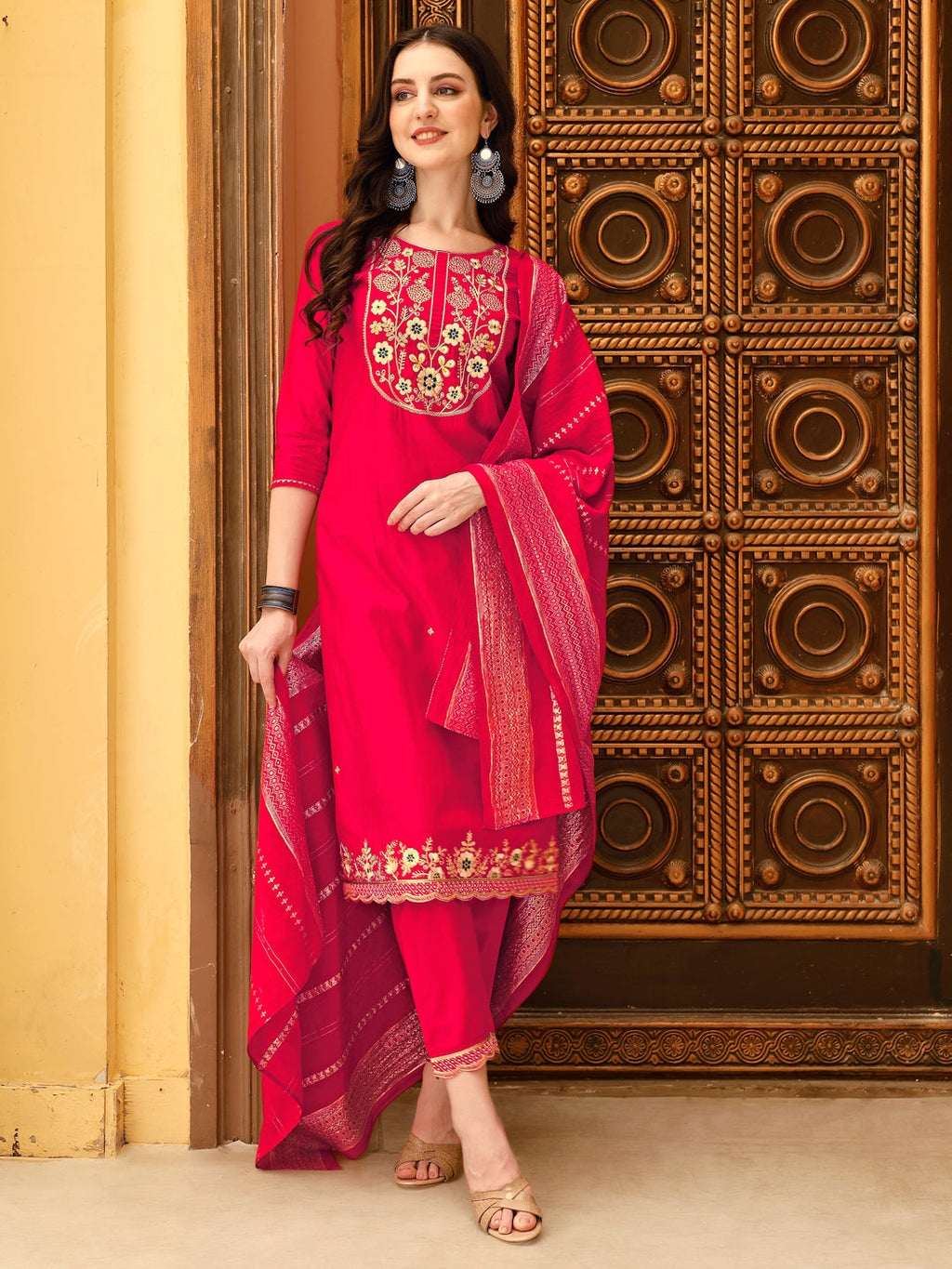 Multicolor embroidered rayon kurta with pants and Chanderi dupatta