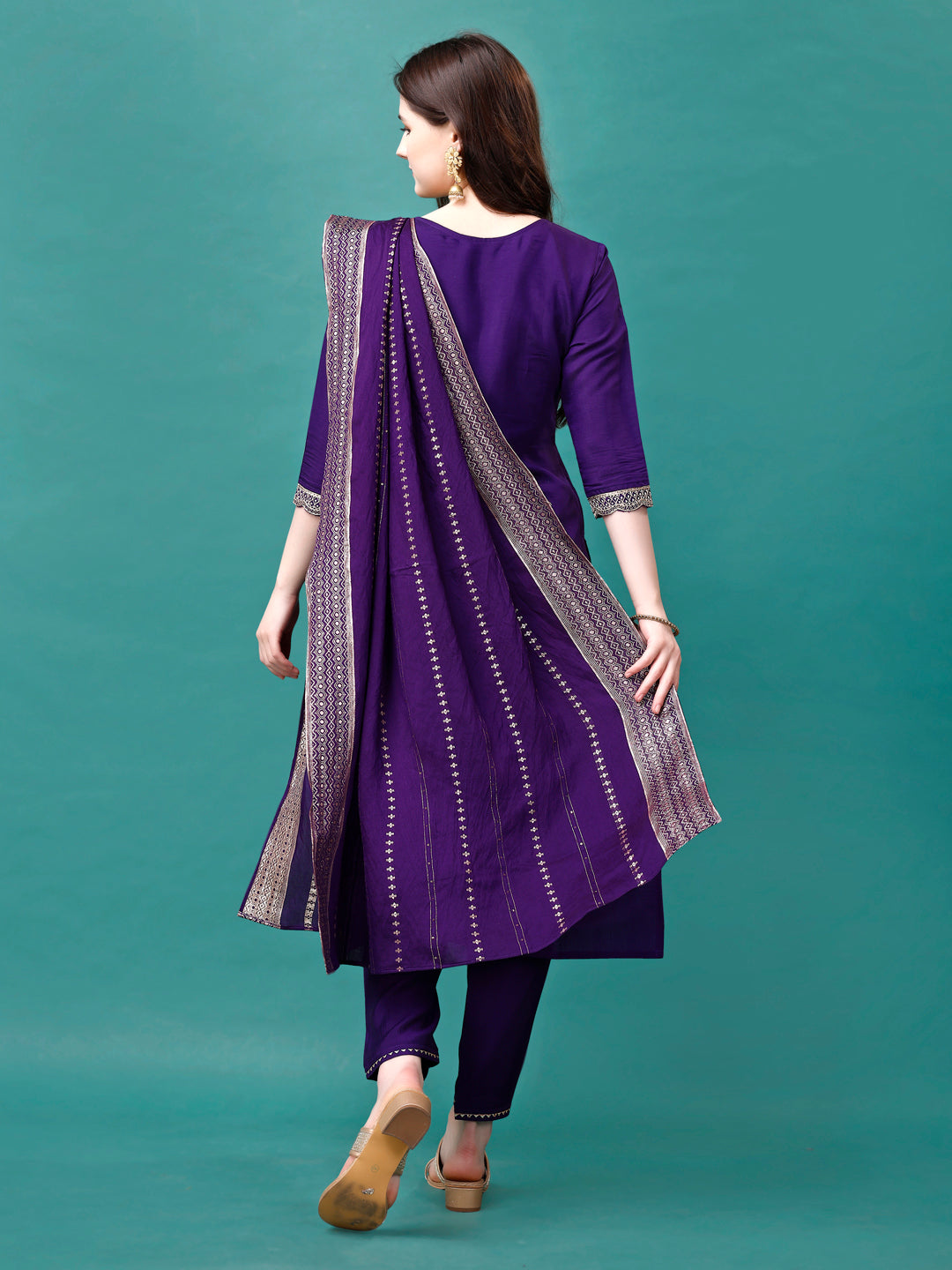 Multicolor Embroidered Kurta Set with Sequined Dupatta