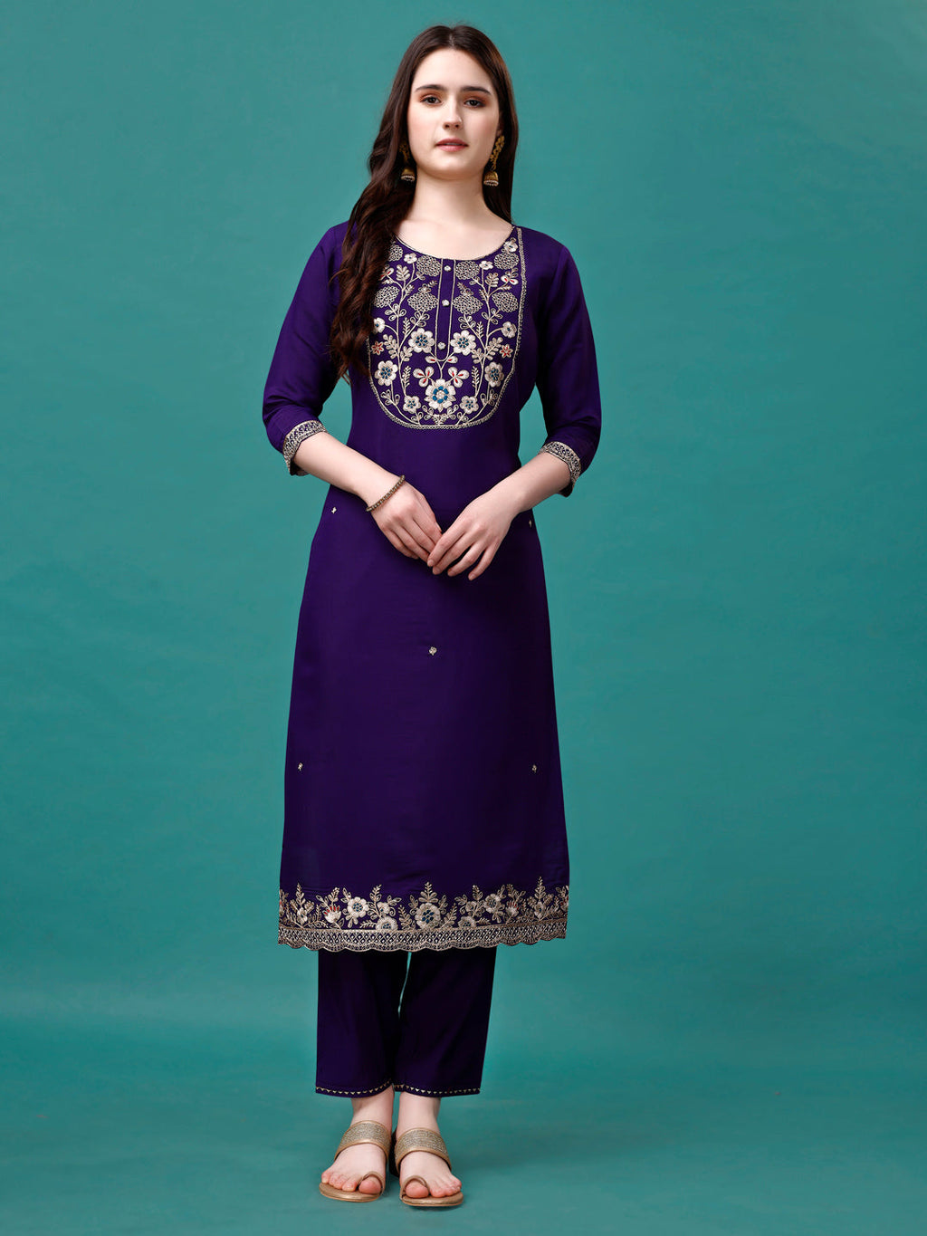 Multicolor Embroidered Kurta Set with Sequined Dupatta