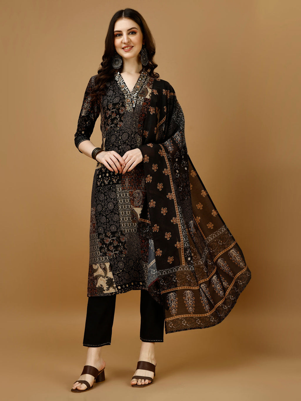 Multicolor printed kurta set with intricate hand embroidery details
