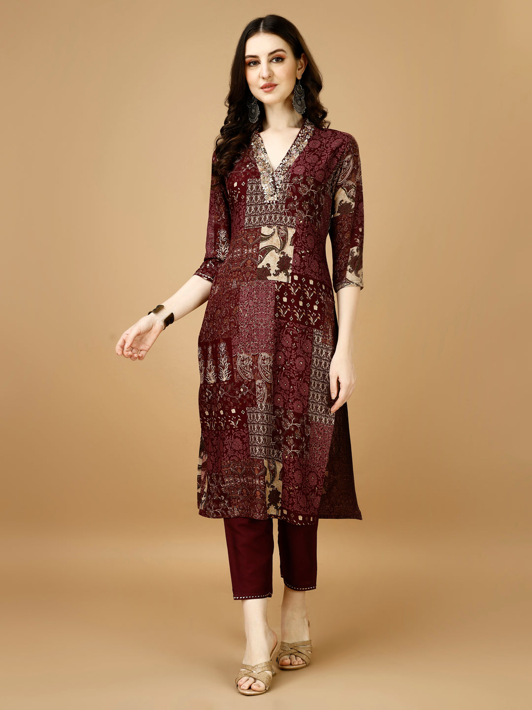 Multicolor Hand Embroidered Printed Kurta Set with Dupatta