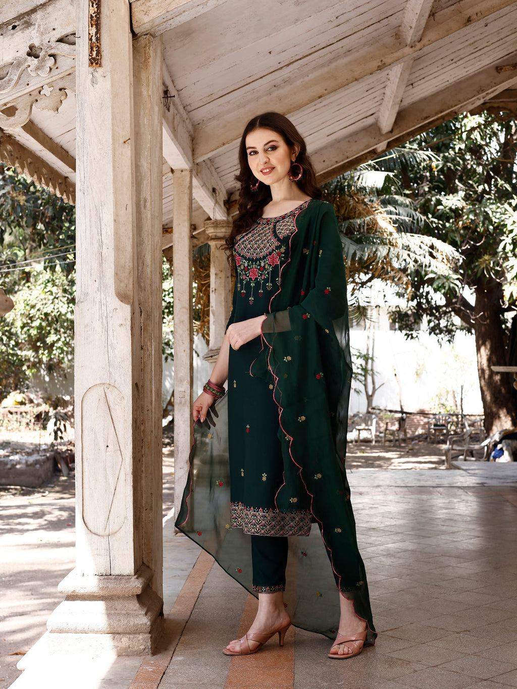 Multicolor Embroidered Kurta with Pant and Organza Dupatta Set