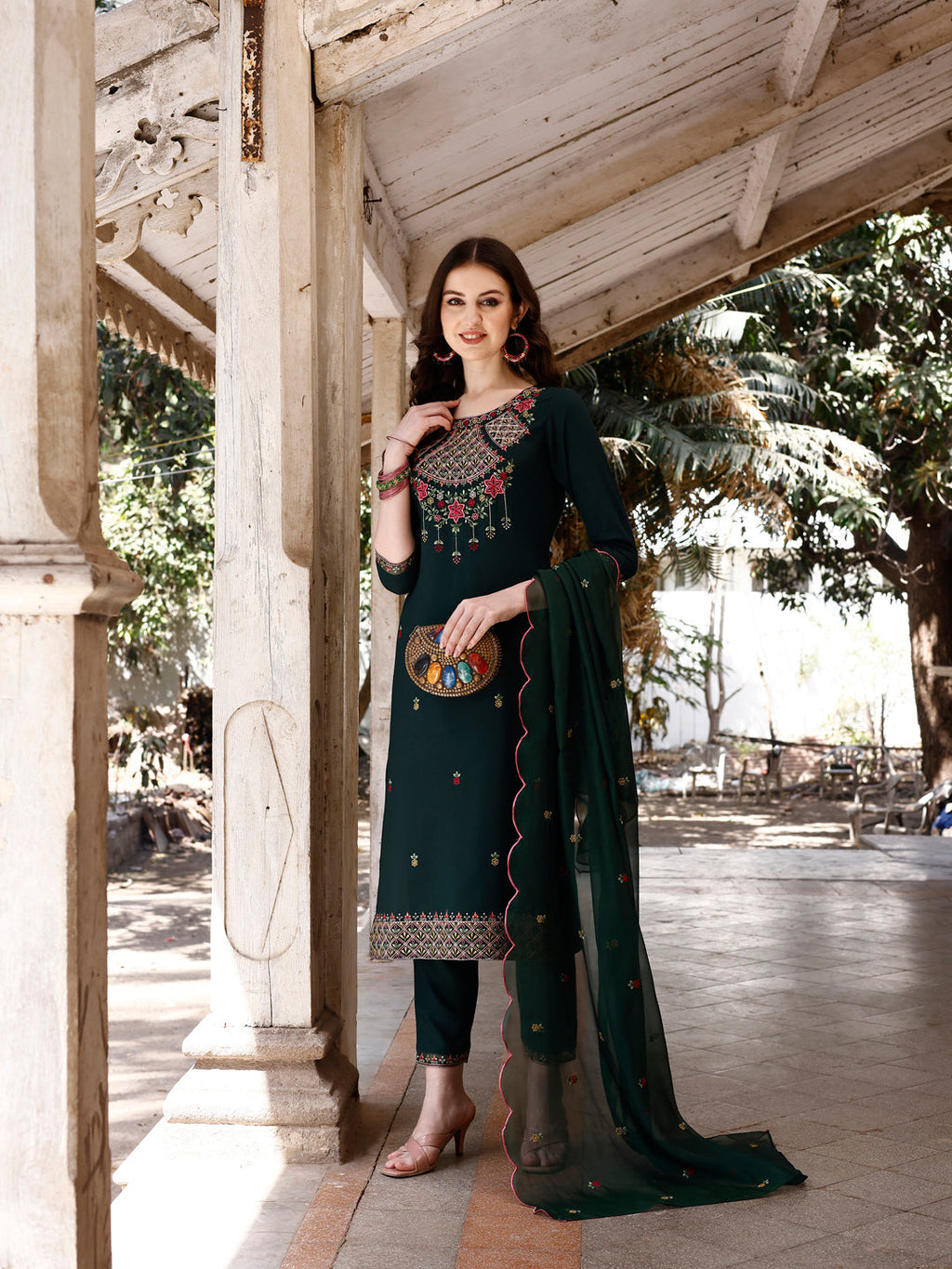 Multicolor Embroidered Kurta with Pant and Organza Dupatta Set