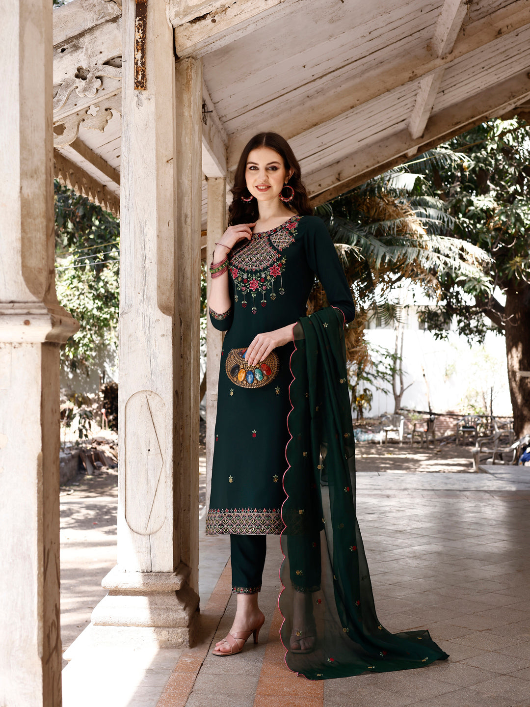 Multicolor Embroidered Kurta with Pant and Organza Dupatta Set
