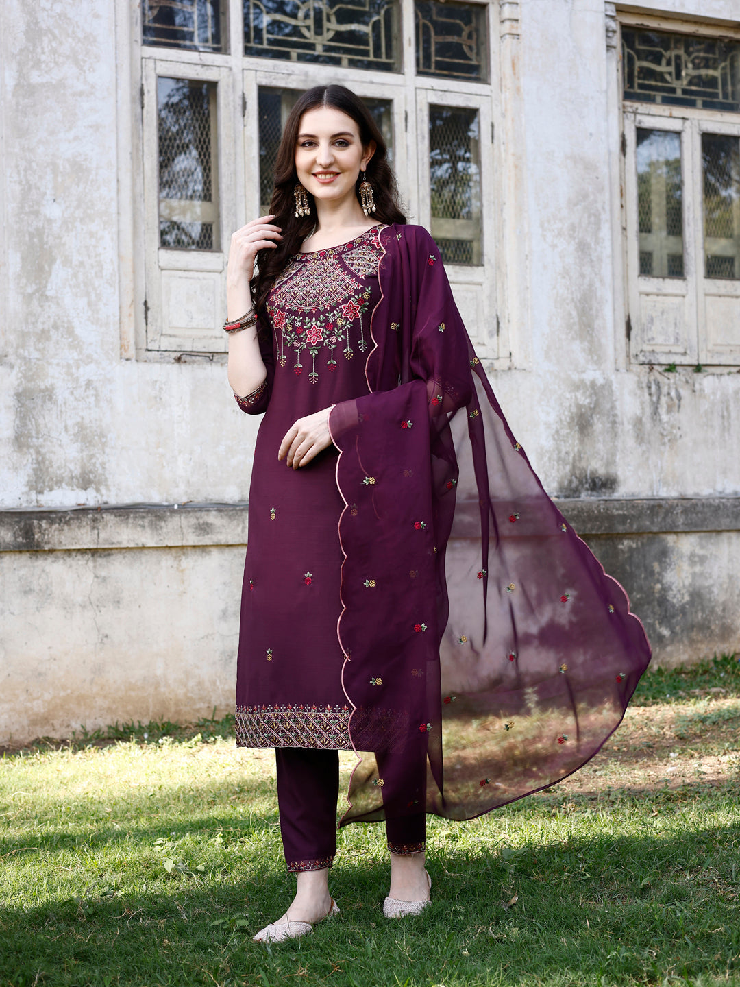Premium Embroidered Kurta with Pant & Organza Dupatta Set