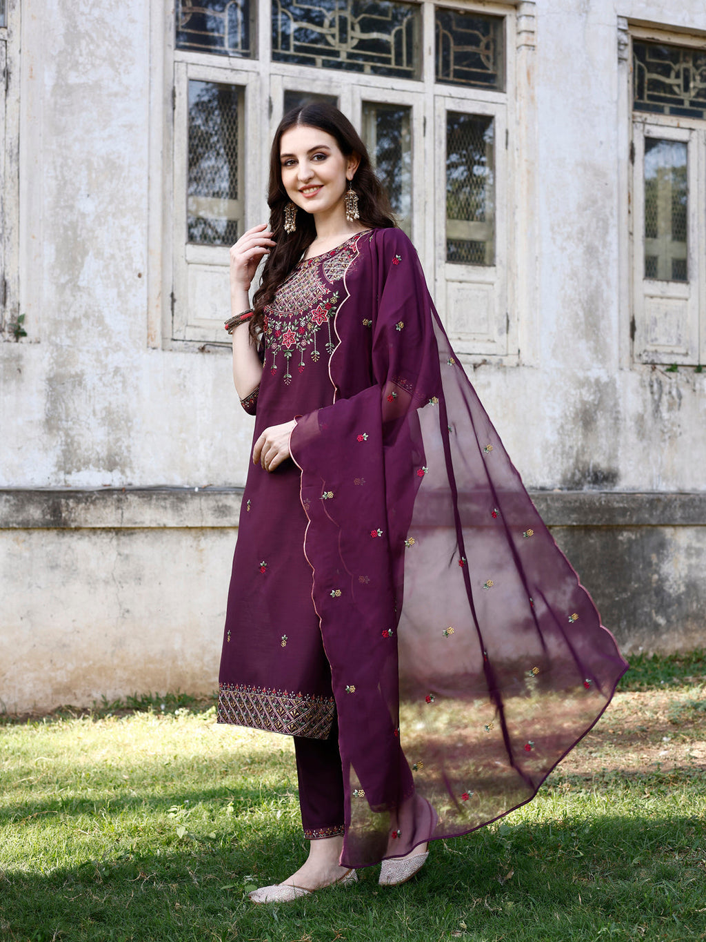 Premium Embroidered Kurta with Pant & Organza Dupatta Set
