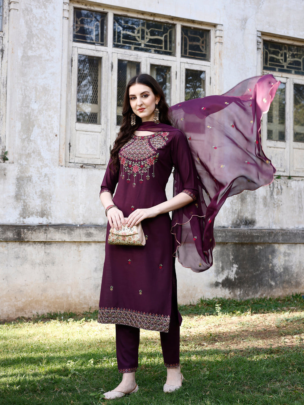 Multicolor premium embroidered kurta with pants and matching organza dupatta