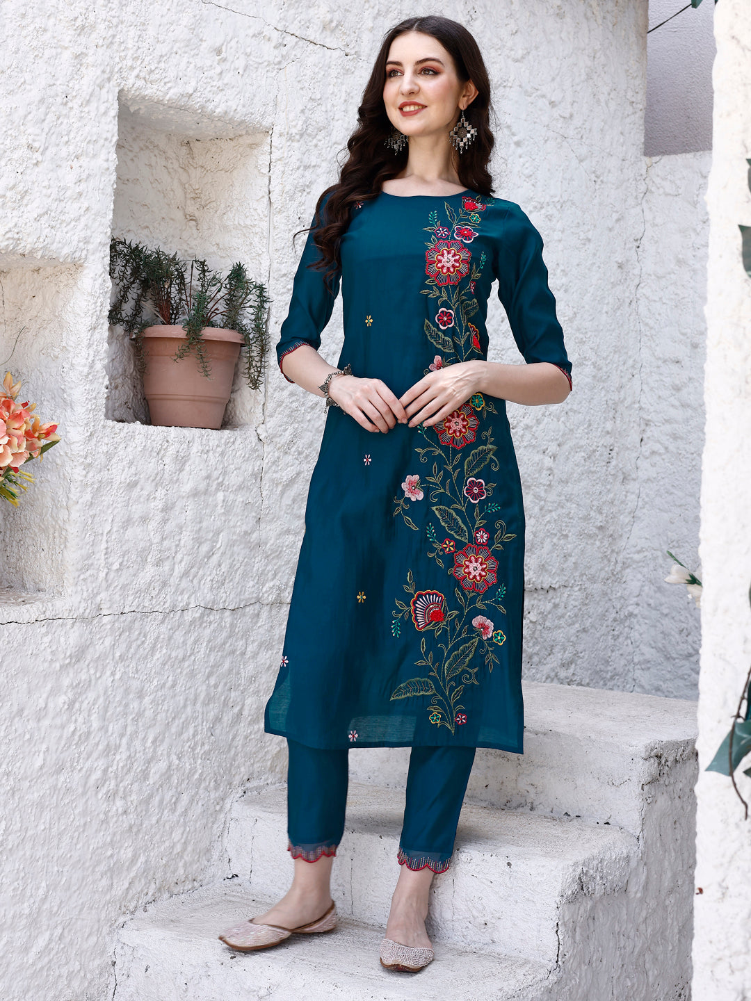 Multicolor Hand Embroidered Kurta Set with Organza Dupatta