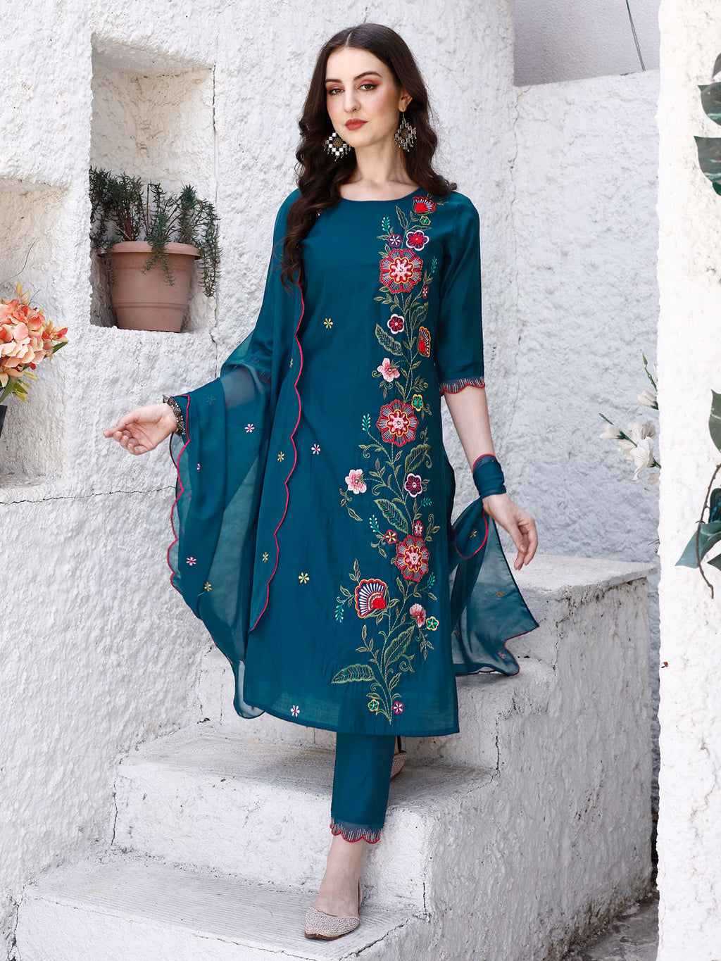 Multicolor rayon kurta with hand embroidery and premium organza dupatta