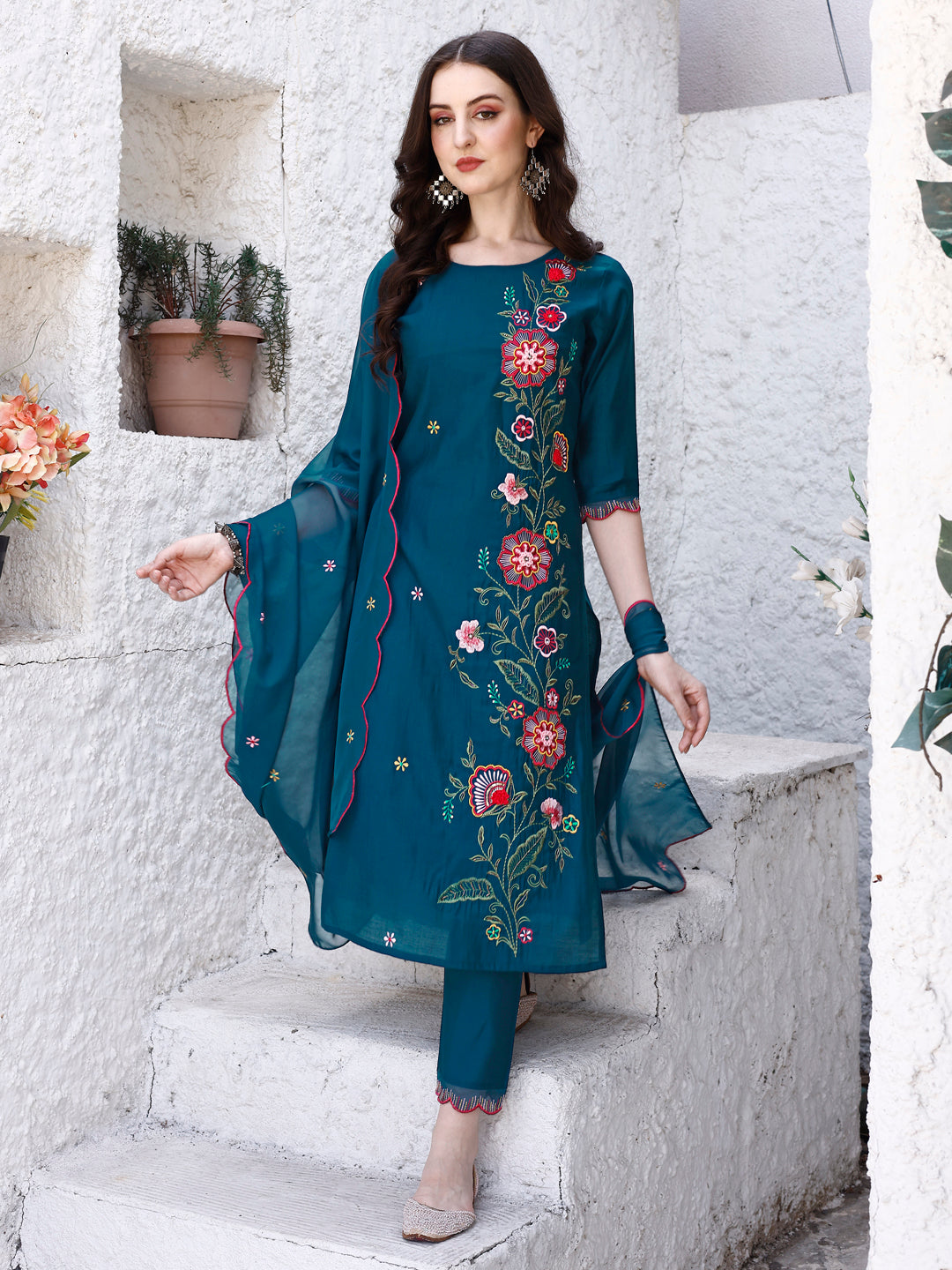Multicolor rayon kurta with hand embroidery and premium organza dupatta