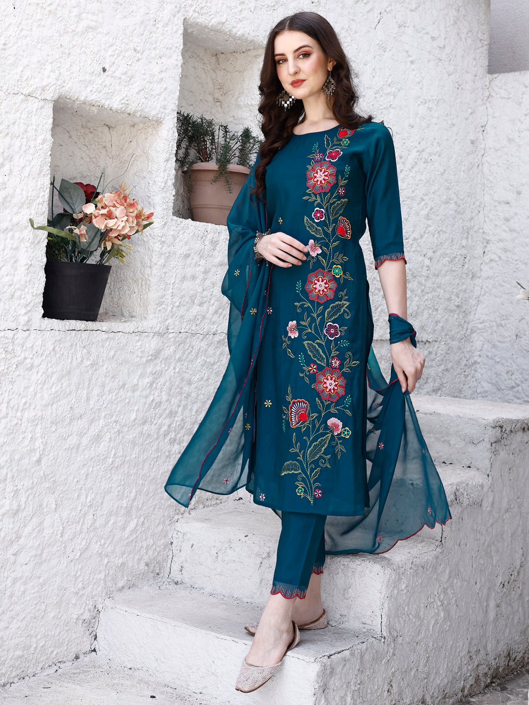Multicolor Hand Embroidered Kurta Set with Organza Dupatta