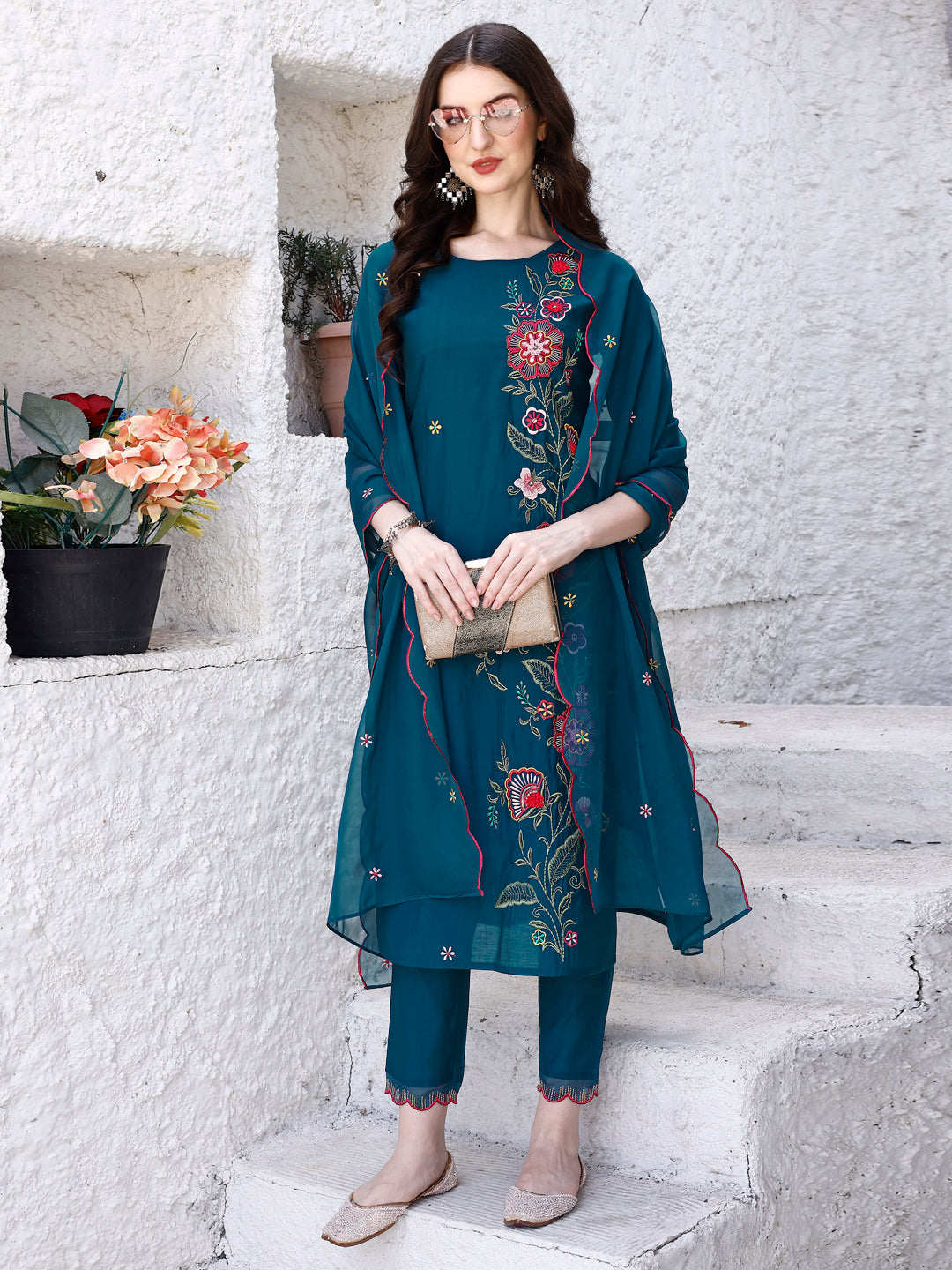 Multicolor Hand Embroidered Kurta Set with Organza Dupatta