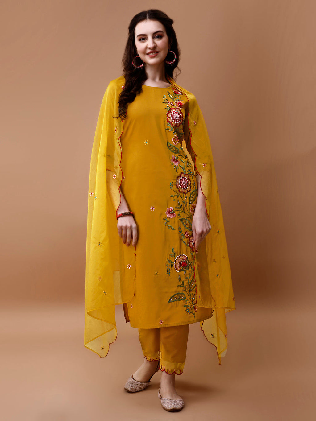 Hand embroidered multicolor kurta set with sheer organza dupatta and matching pants