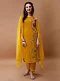 Hand embroidered multicolor kurta set with sheer organza dupatta and matching pants