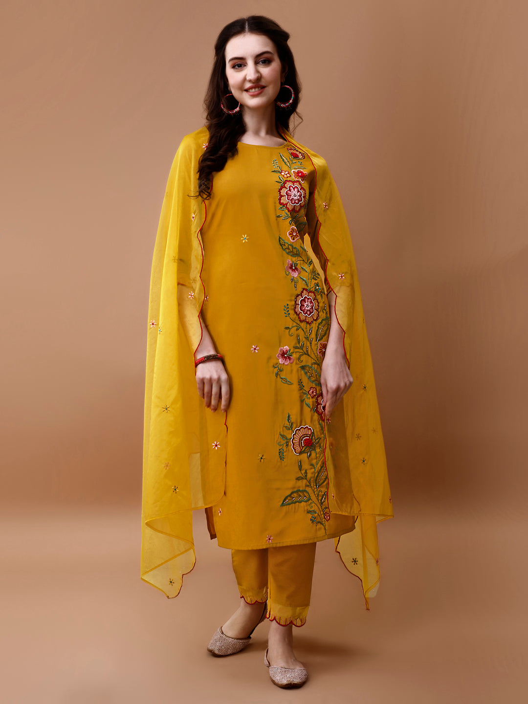 Hand embroidered multicolor kurta set with sheer organza dupatta and matching pants