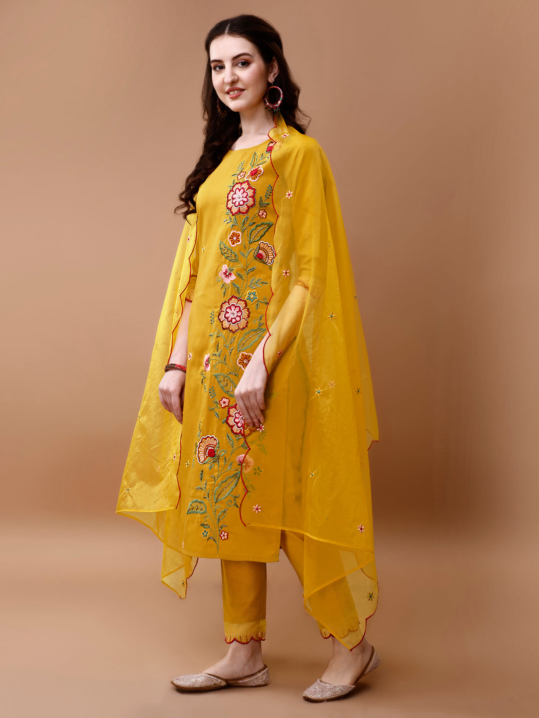 Hand Embroidered Multicolor Kurta Set with Organza Dupatta