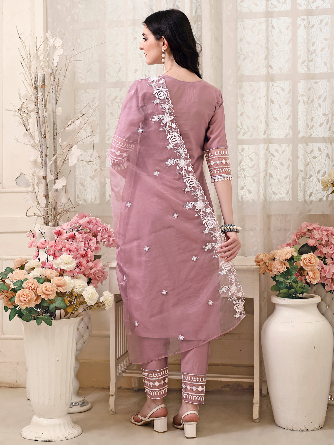 Multicolor Pakistani Embroidered Kurta Set with Dupatta and Pant