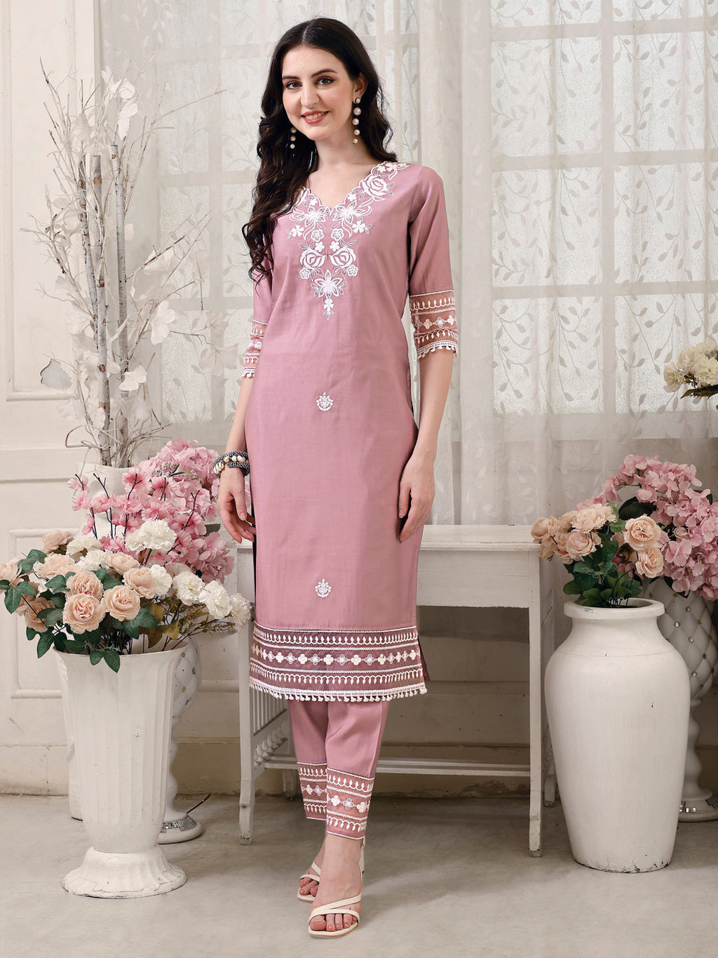 Multicolor Pakistani Embroidered Kurta Set with Dupatta and Pant