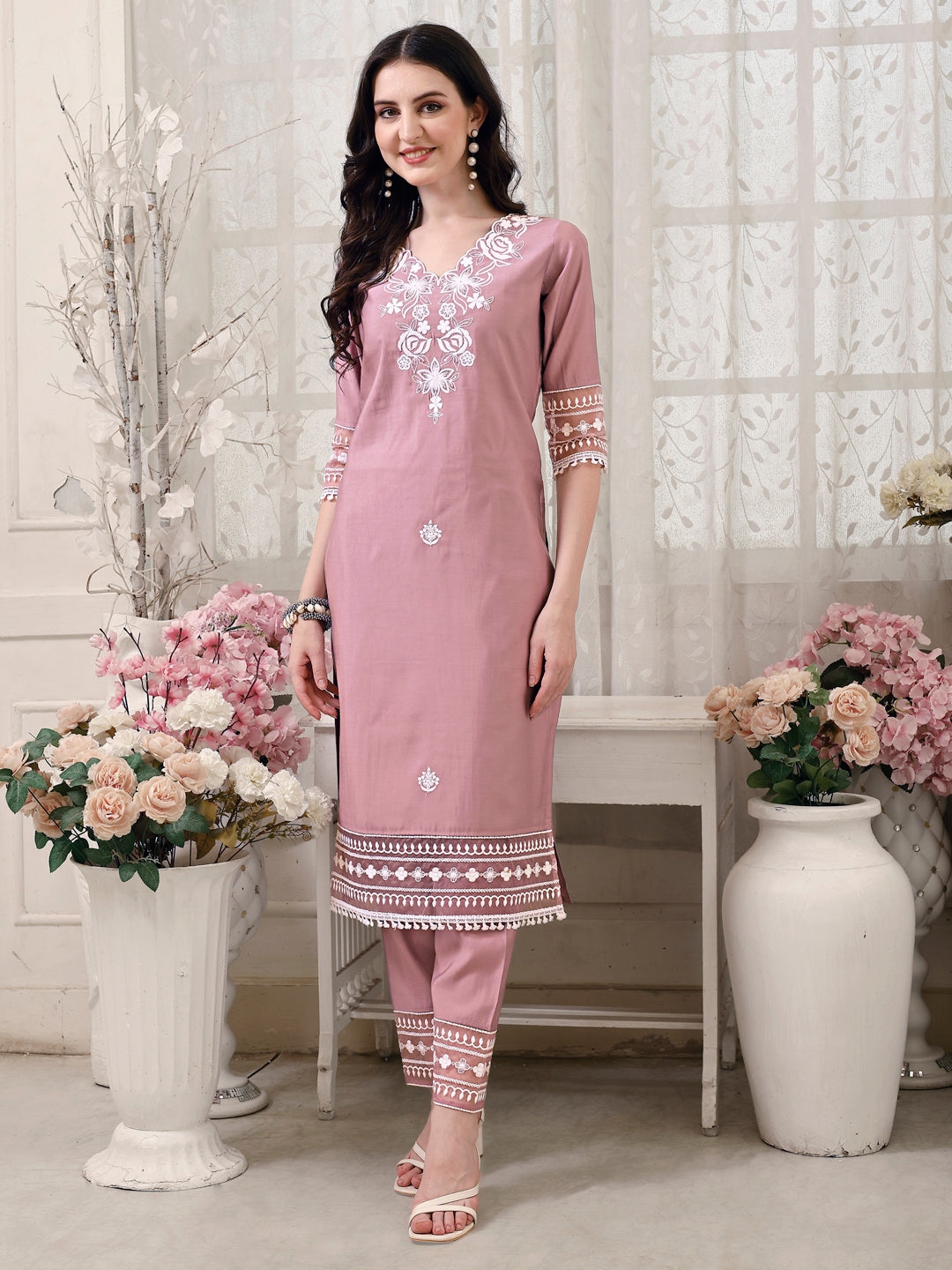 Multicolor Pakistani Embroidered Kurta Set with Dupatta and Pant