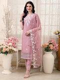 Multicolor Pakistani embroidered kurta set featuring V-neck, 3/4th sleeves, pant, and embroidered dupatta.