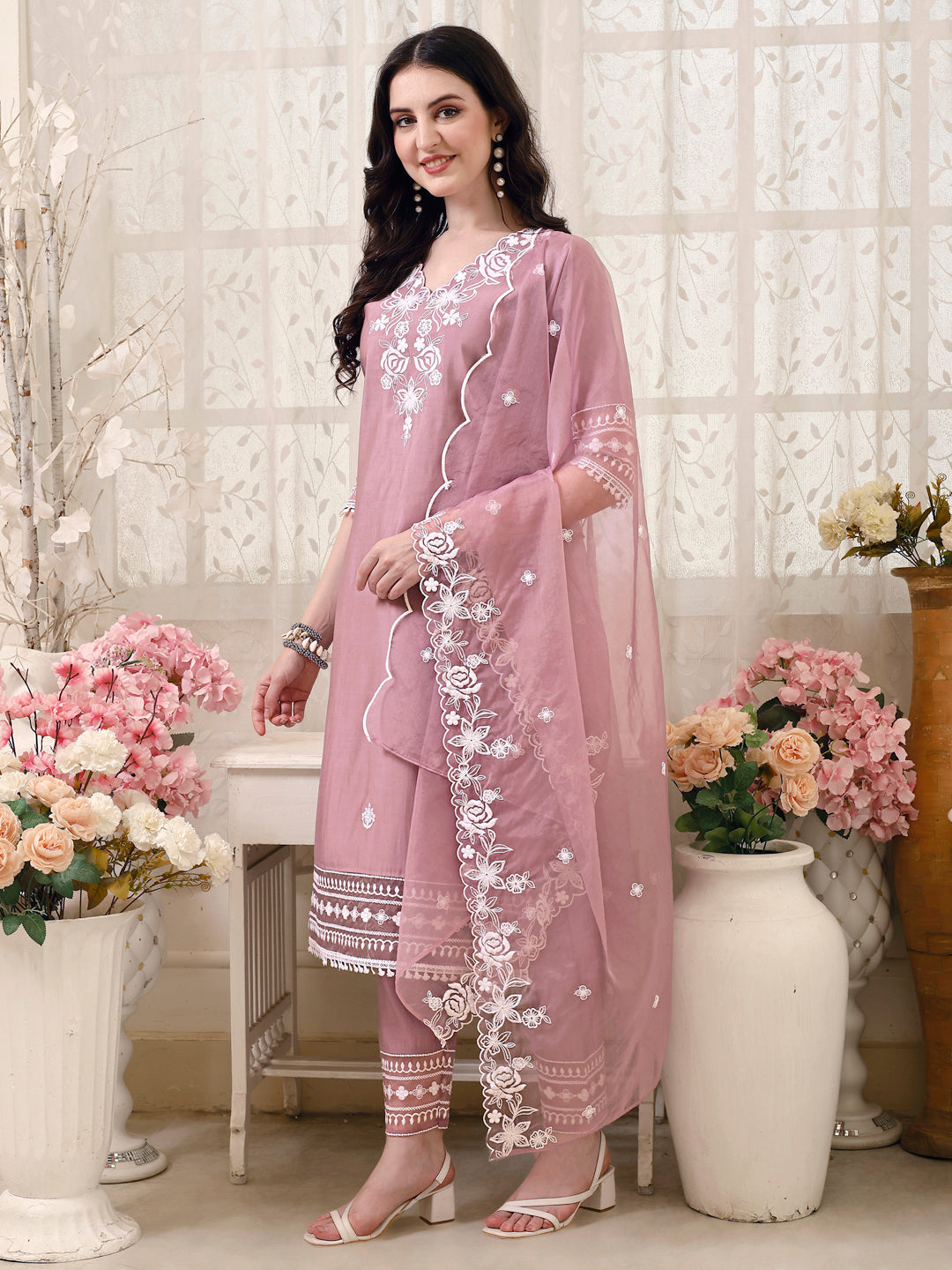 Multicolor Pakistani Embroidered Kurta Set with Dupatta and Pant