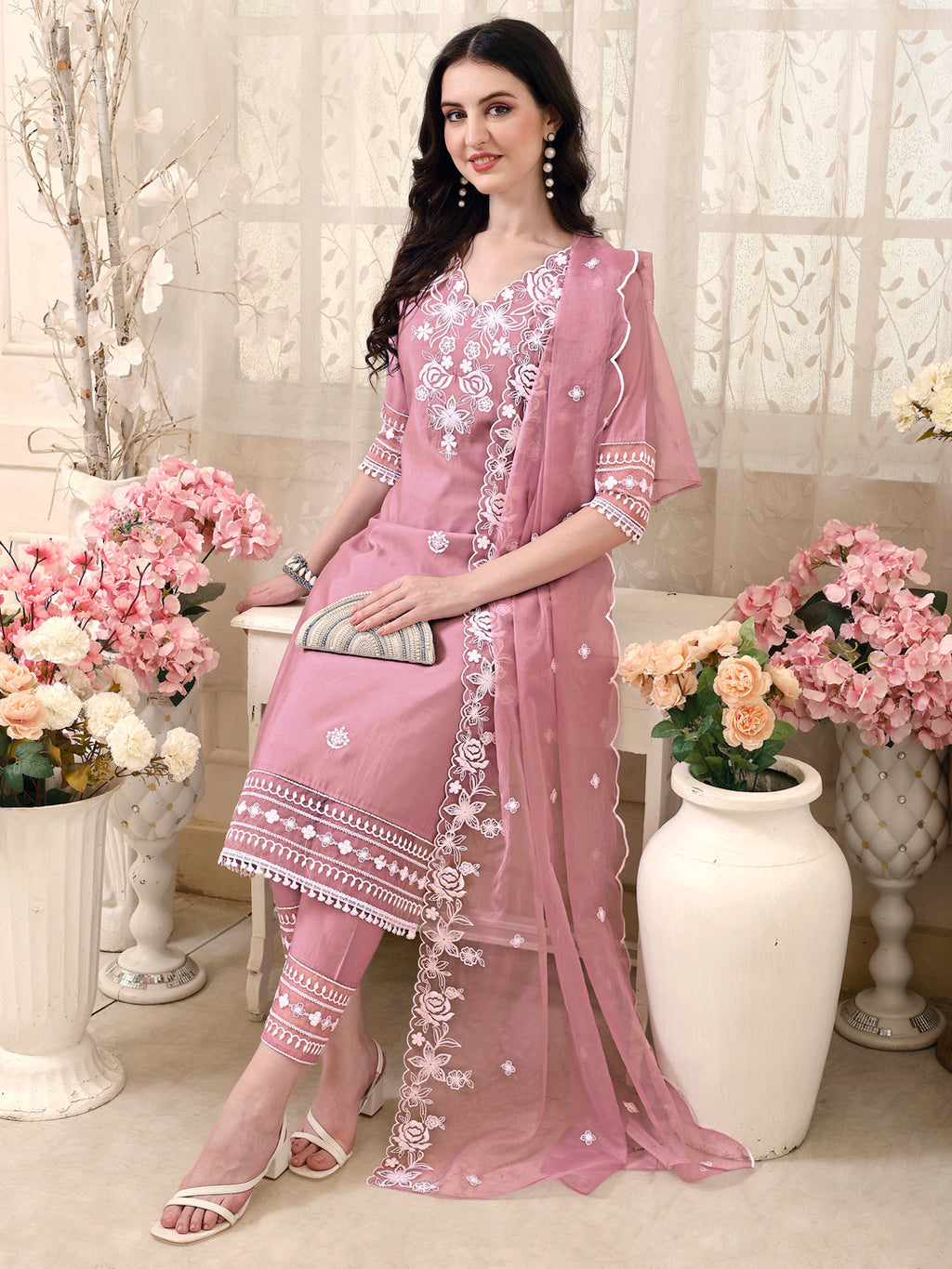 Multicolor Pakistani Embroidered Kurta Set with Dupatta and Pant