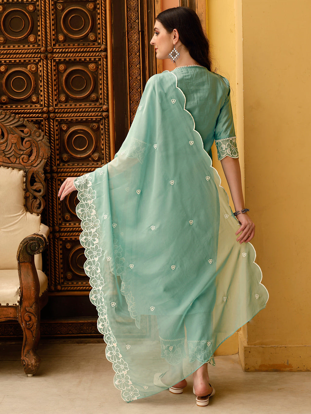 Green Pakistani Embroidered Kurta Set with Dupatta and Pant