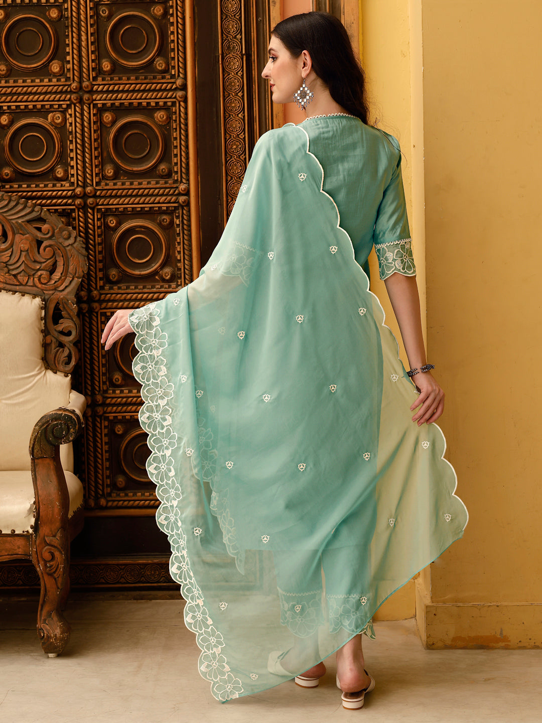 Green Pakistani Embroidered Kurta Set with Dupatta and Pant