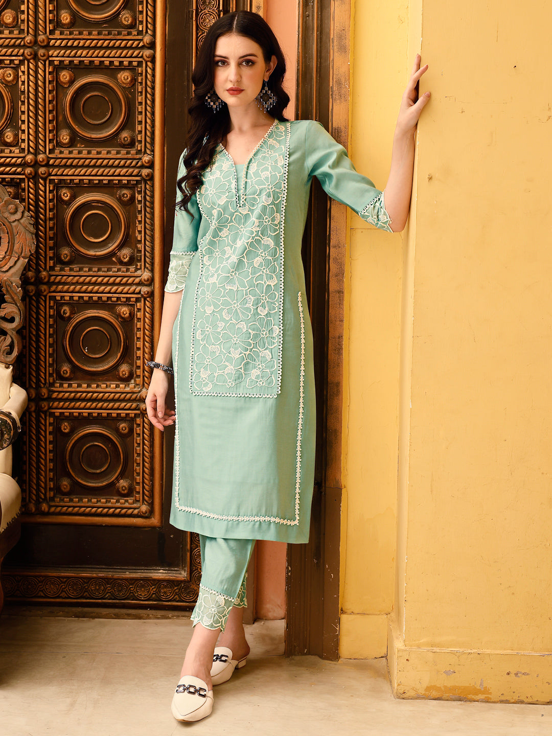Green Pakistani Embroidered Kurta Set with Dupatta and Pant