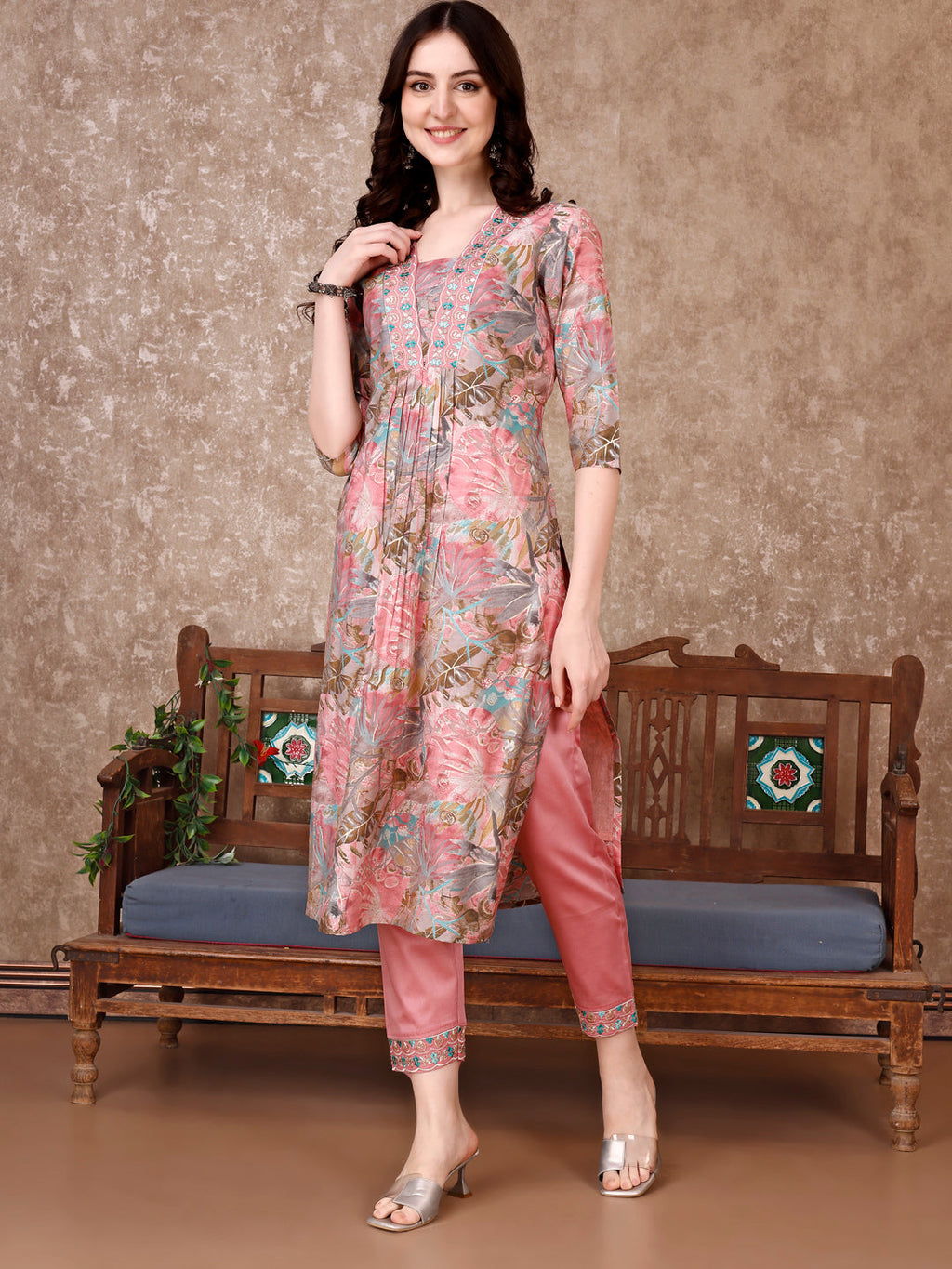 Embroidered Floral Print Rayon Kurta Set with Pant and Dupatta